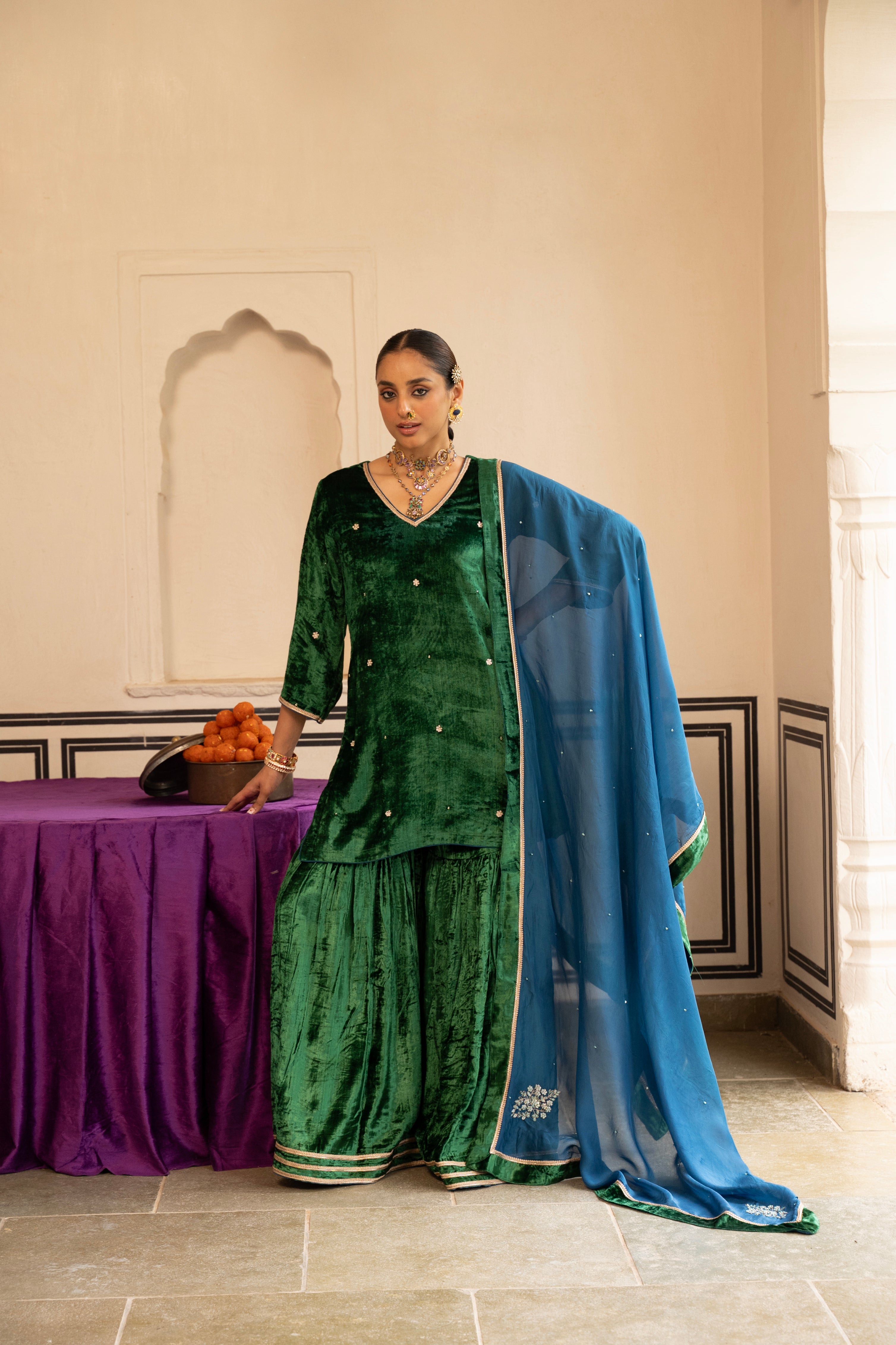 Emerald Green Embellished Premium Velvet Sharara Set