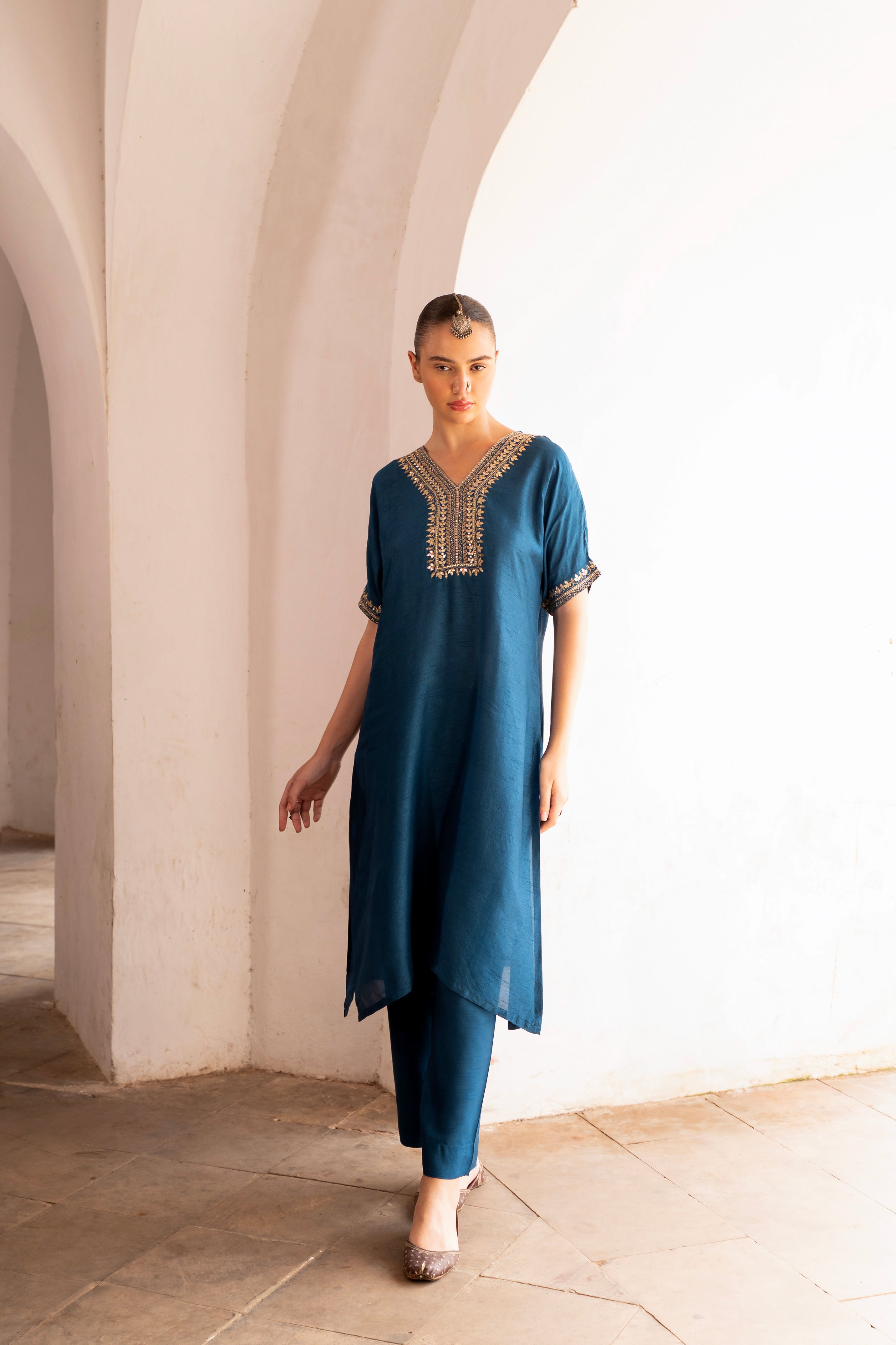 Blue Embellished Dola Silk Kurta Set