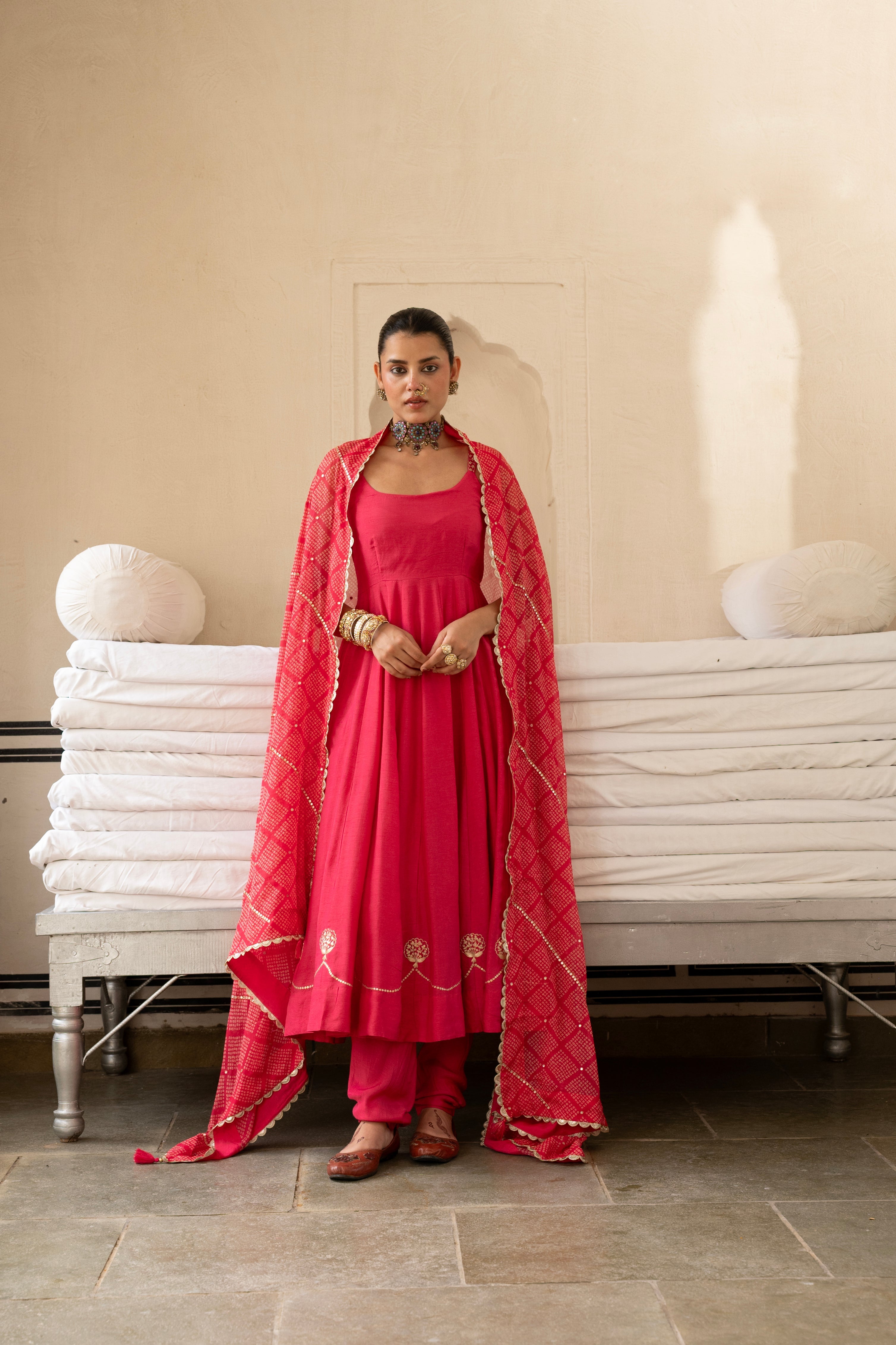 Pink Embellished Dola Silk Pant Set