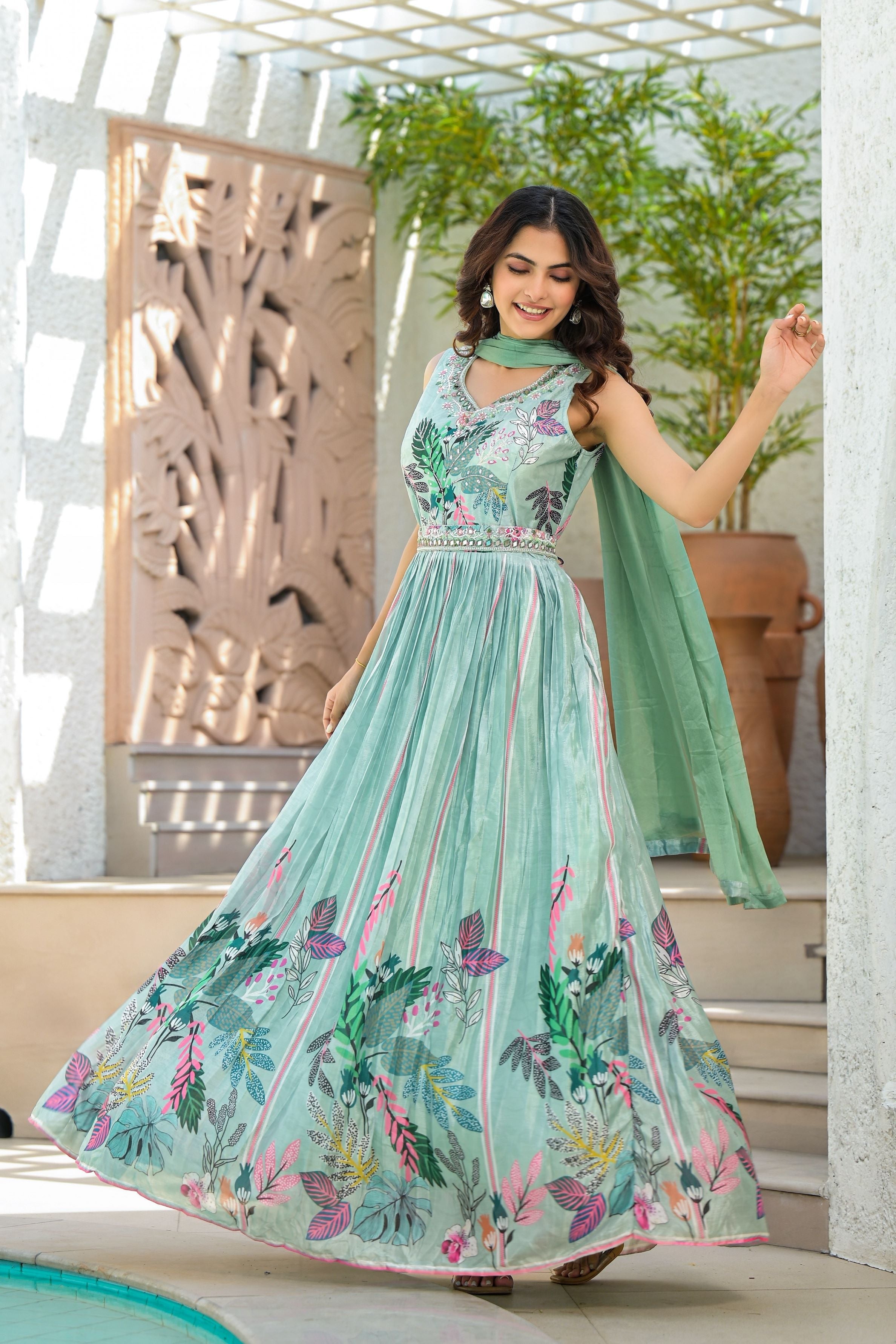 Sea-Green Floral Printed Premium Silk Gown