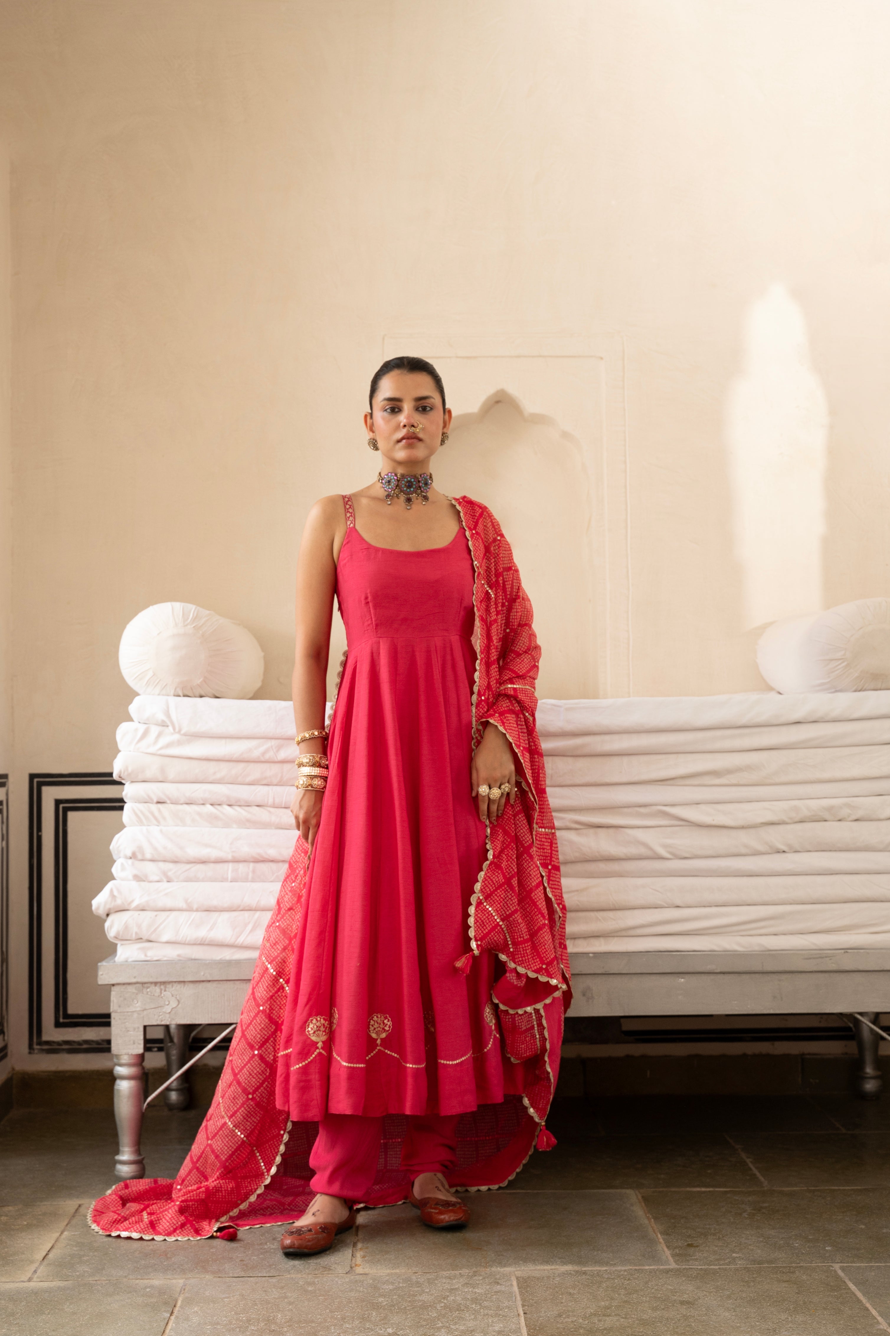 Pink Embellished Dola Silk Pant Set