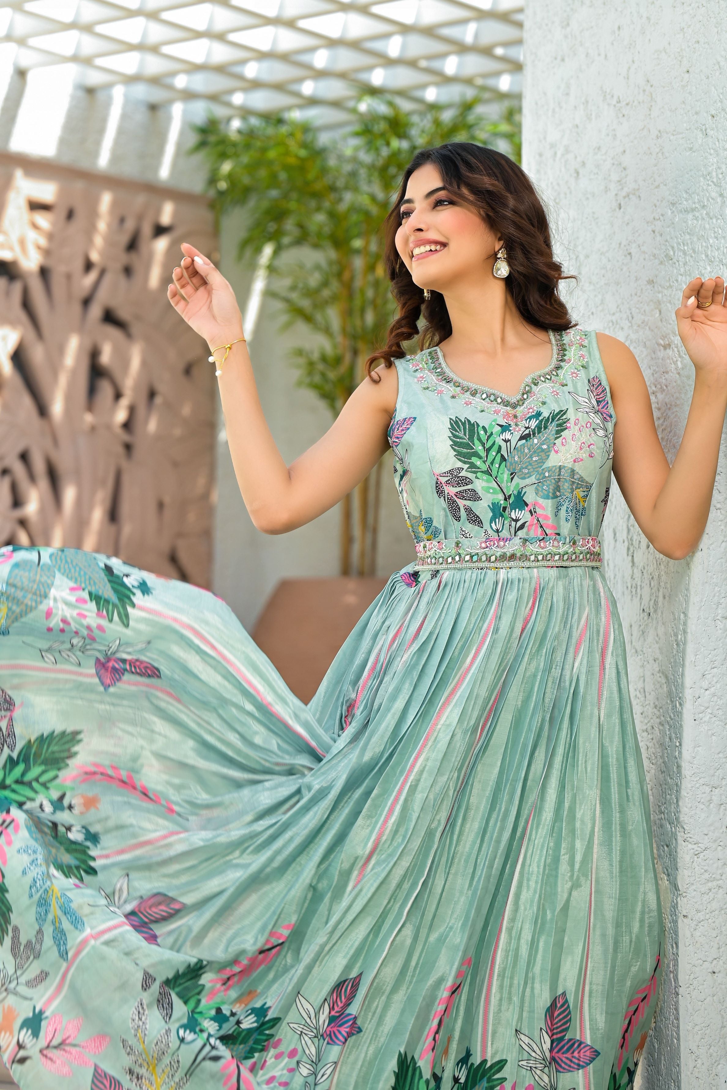 Sea-Green Floral Printed Premium Silk Gown