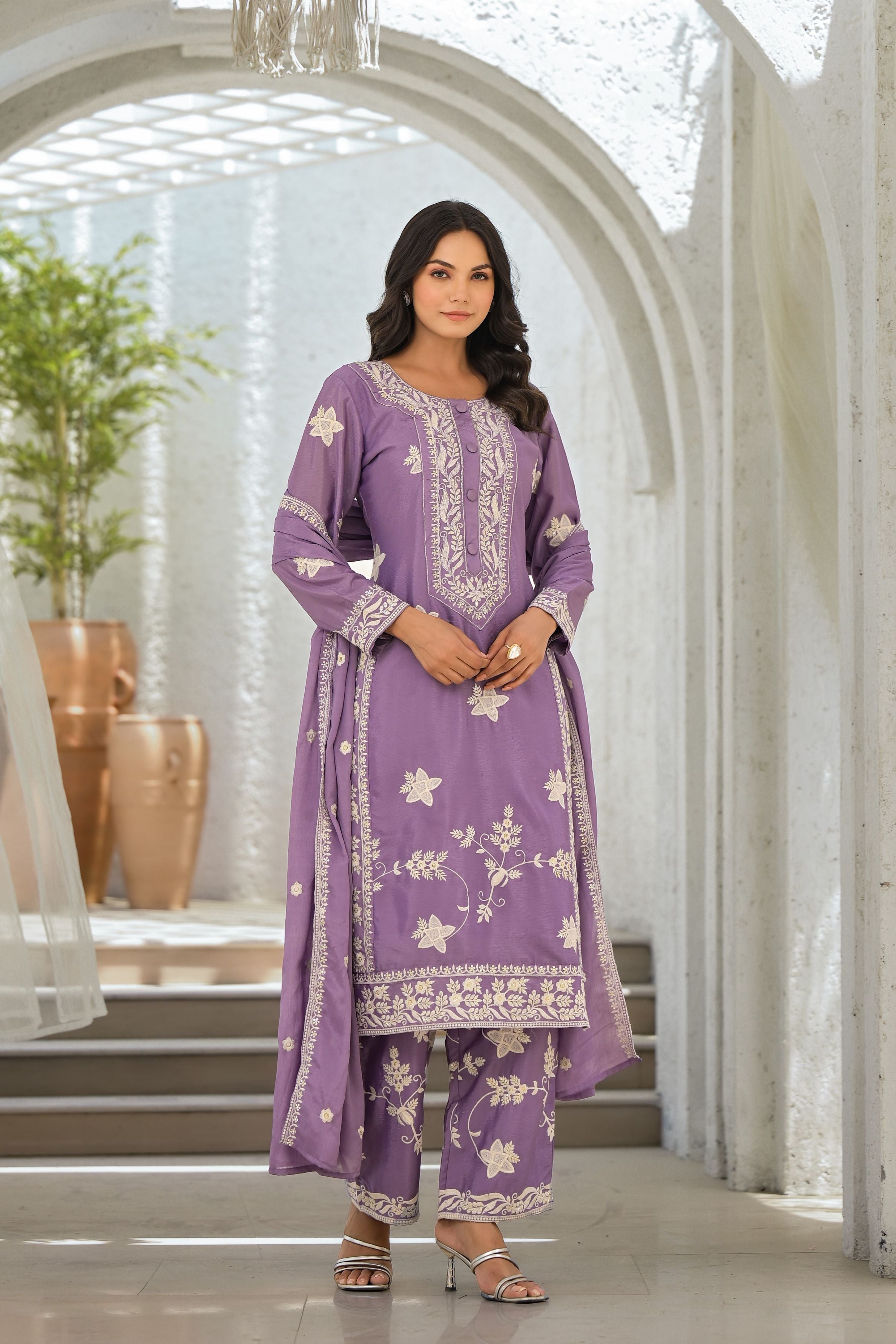 Lilac Embroidered Premium Chinon Silk Palazzo Set