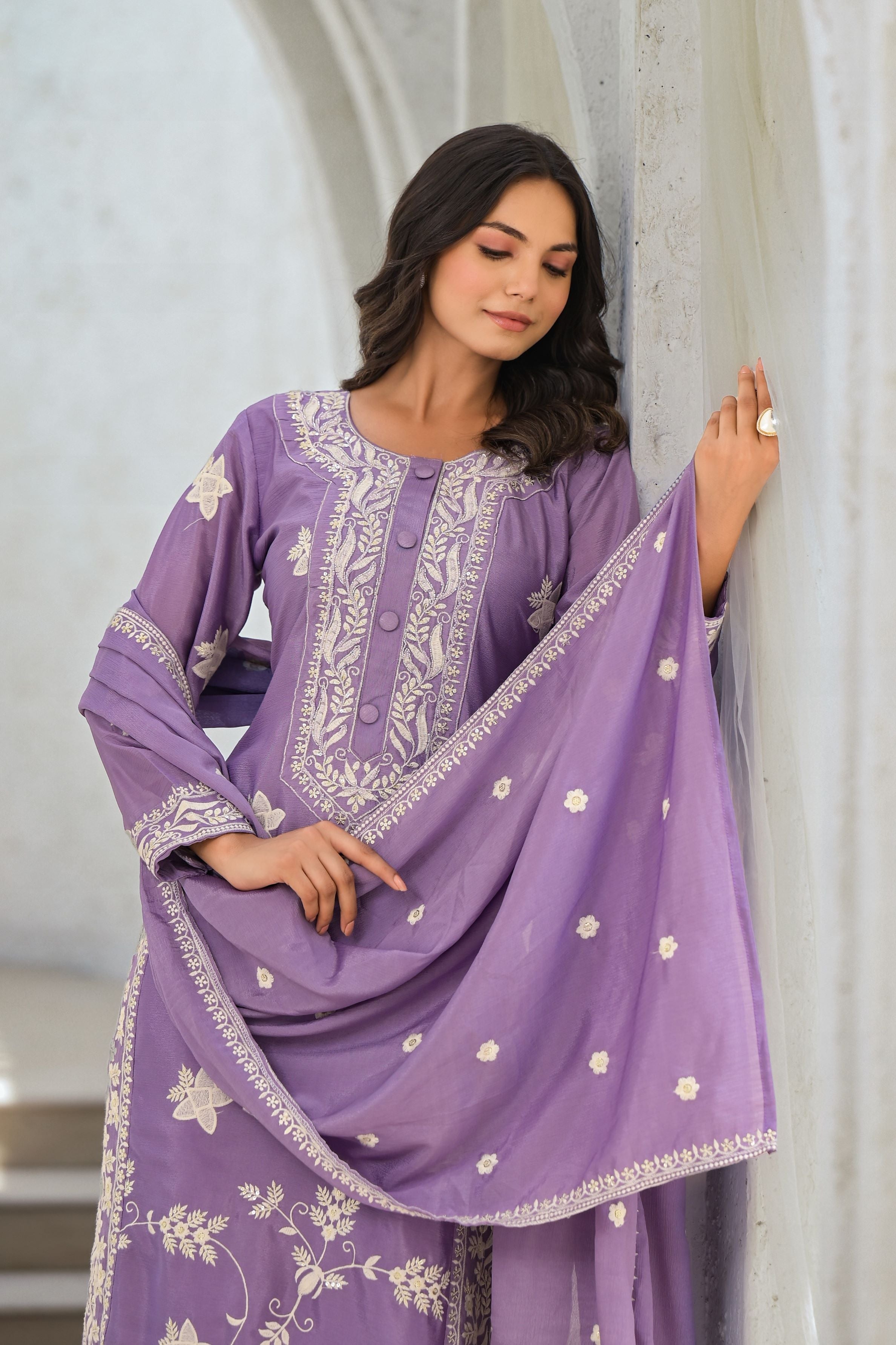 Lilac Embroidered Premium Chinon Silk Palazzo Set