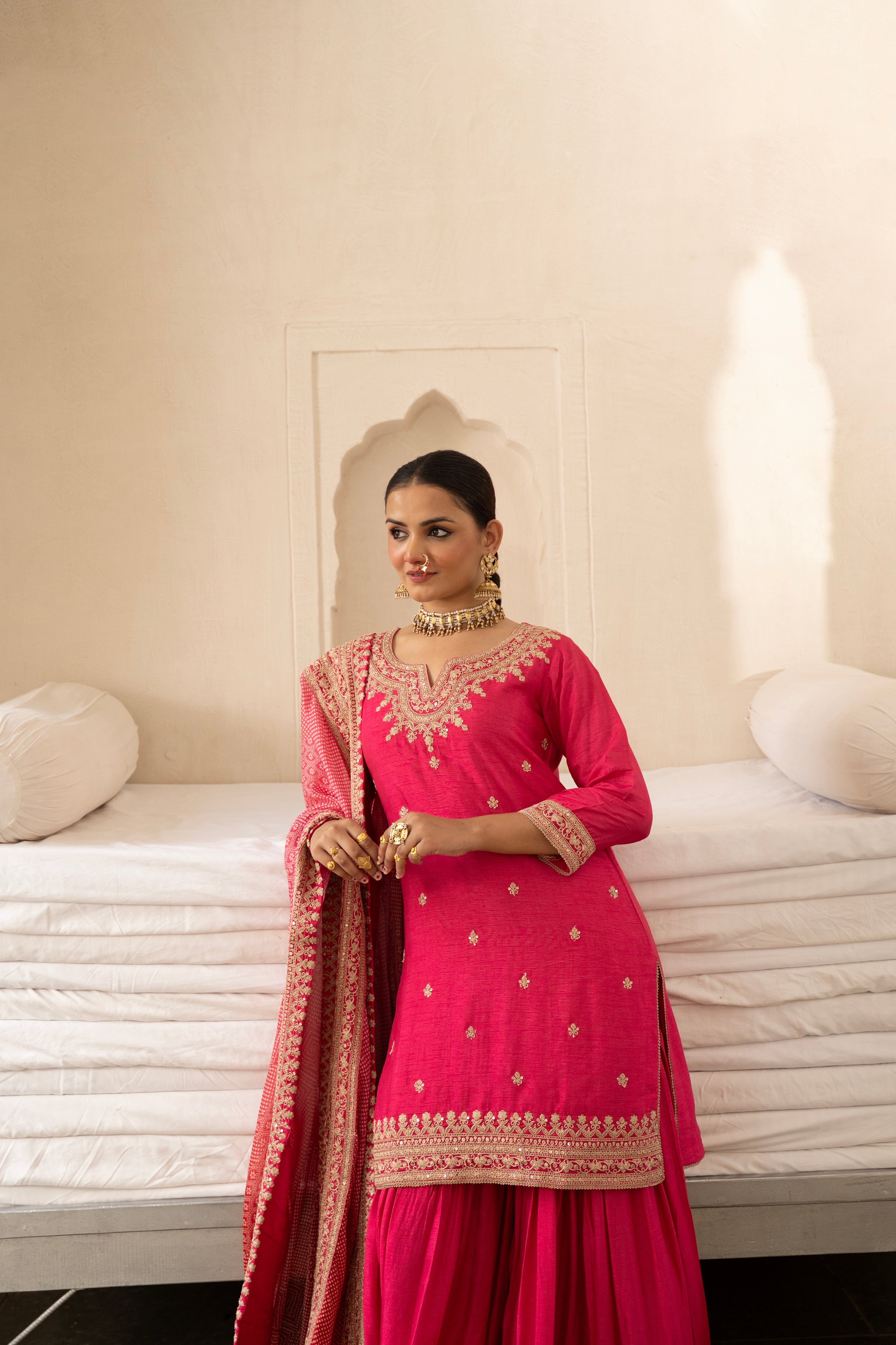 Pure Pink Embellished Dola Silk Sharara Set