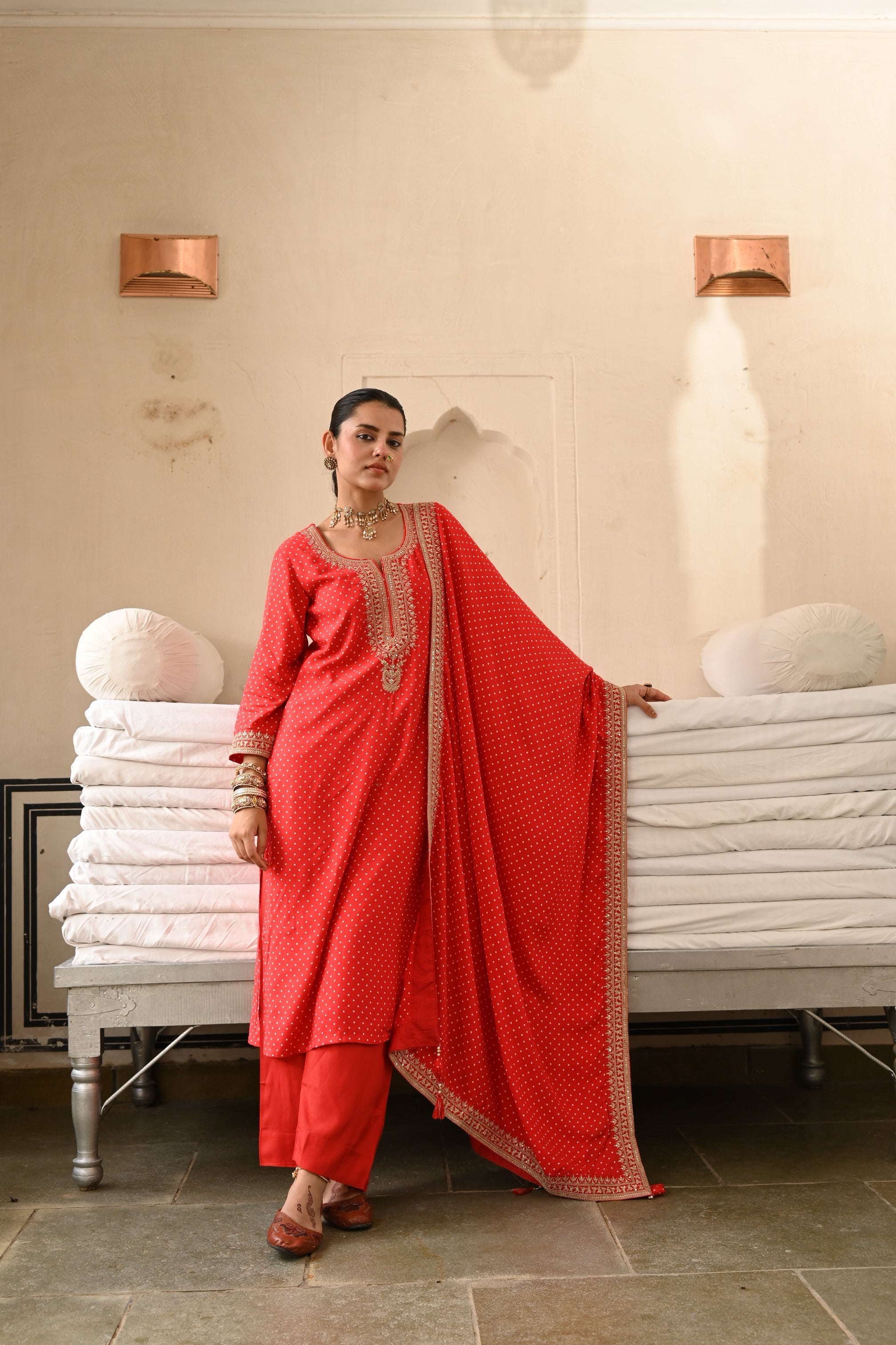 Red Embellished Pure Muslin Silk Pant Set