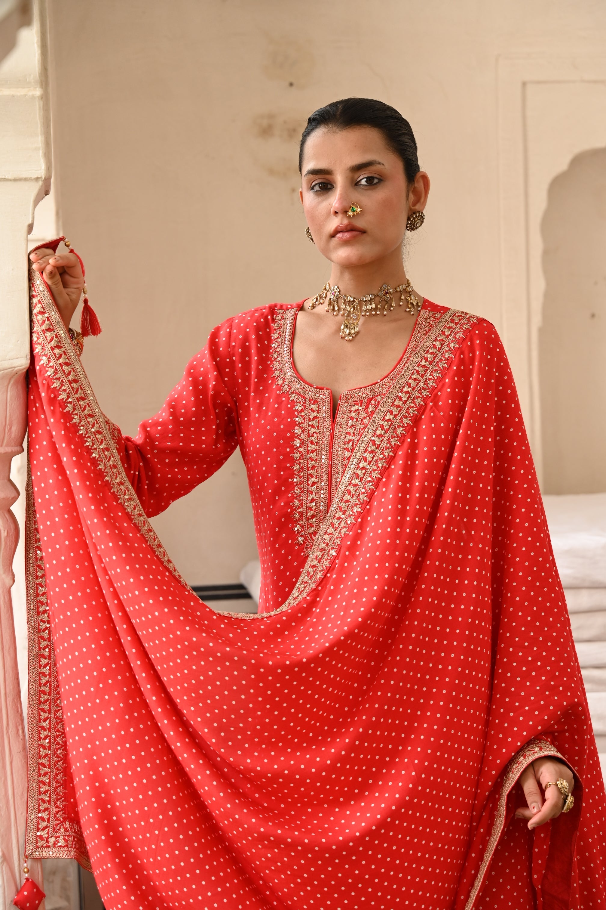 Red Embellished Pure Muslin Silk Pant Set