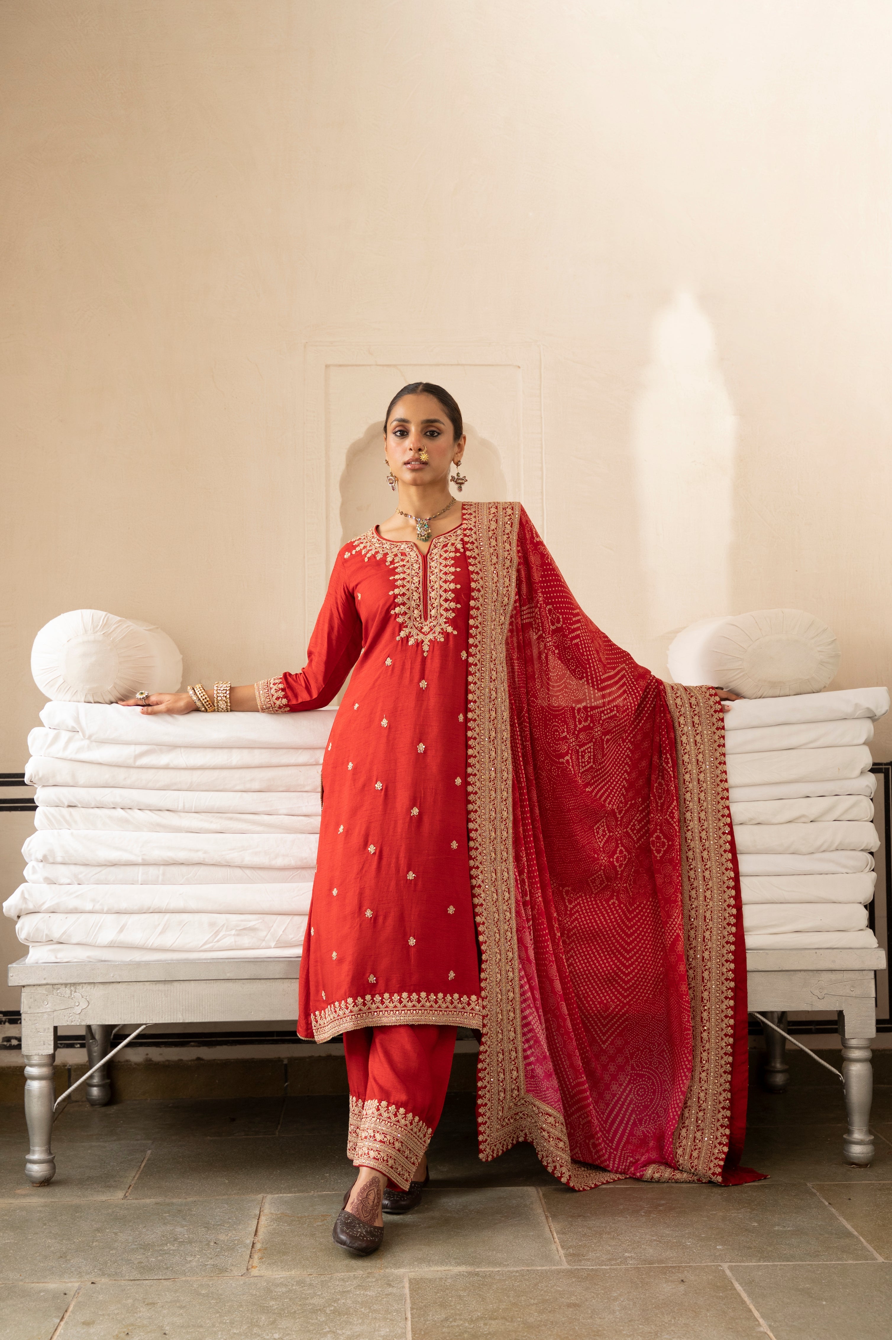 Pure Red Embellished Dola Silk Pant Set