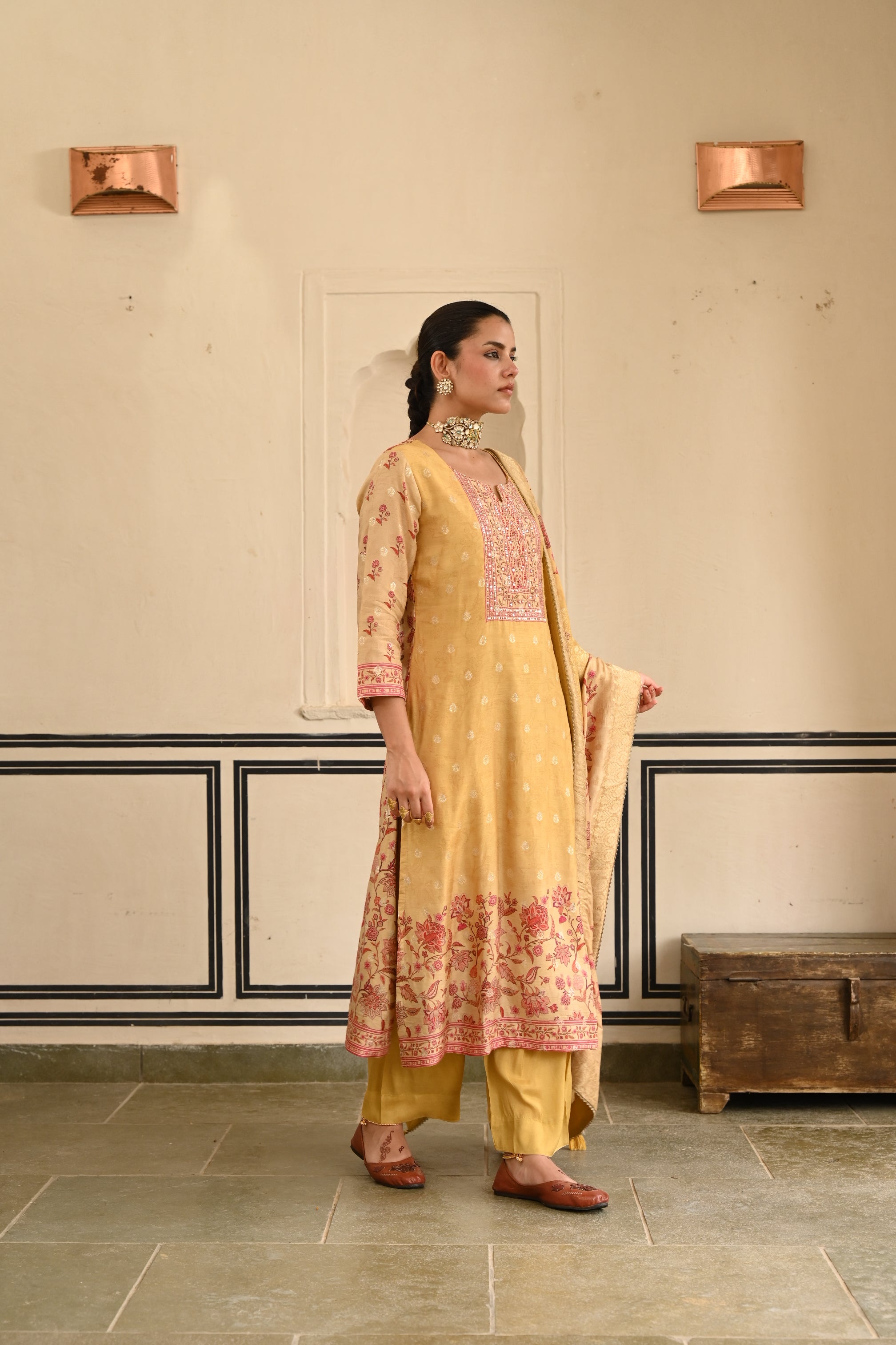 Mustard Yellow Printed Jacquard Silk Pant Set