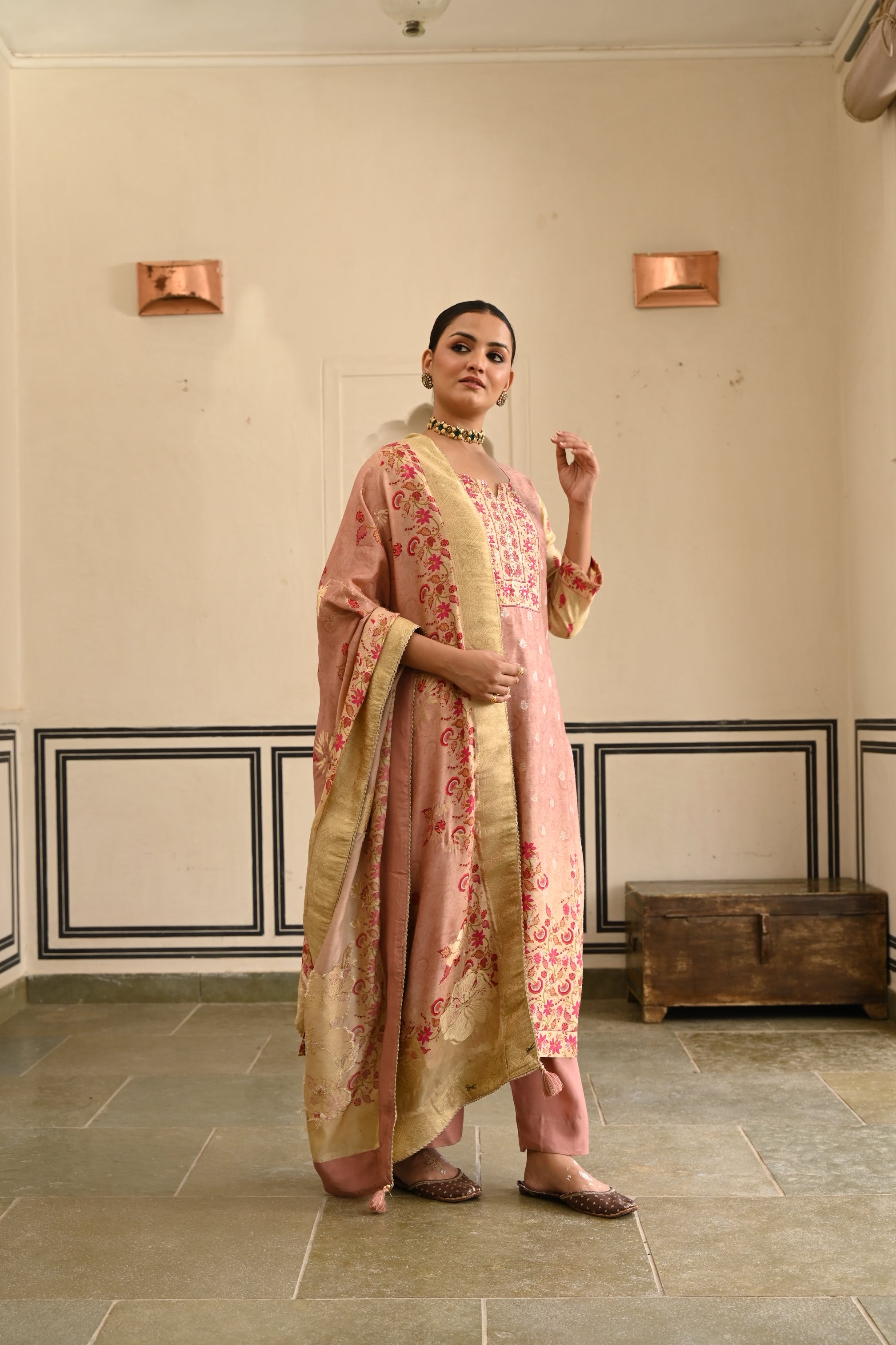 Onion Pink Printed Jacquard Silk Pant Set