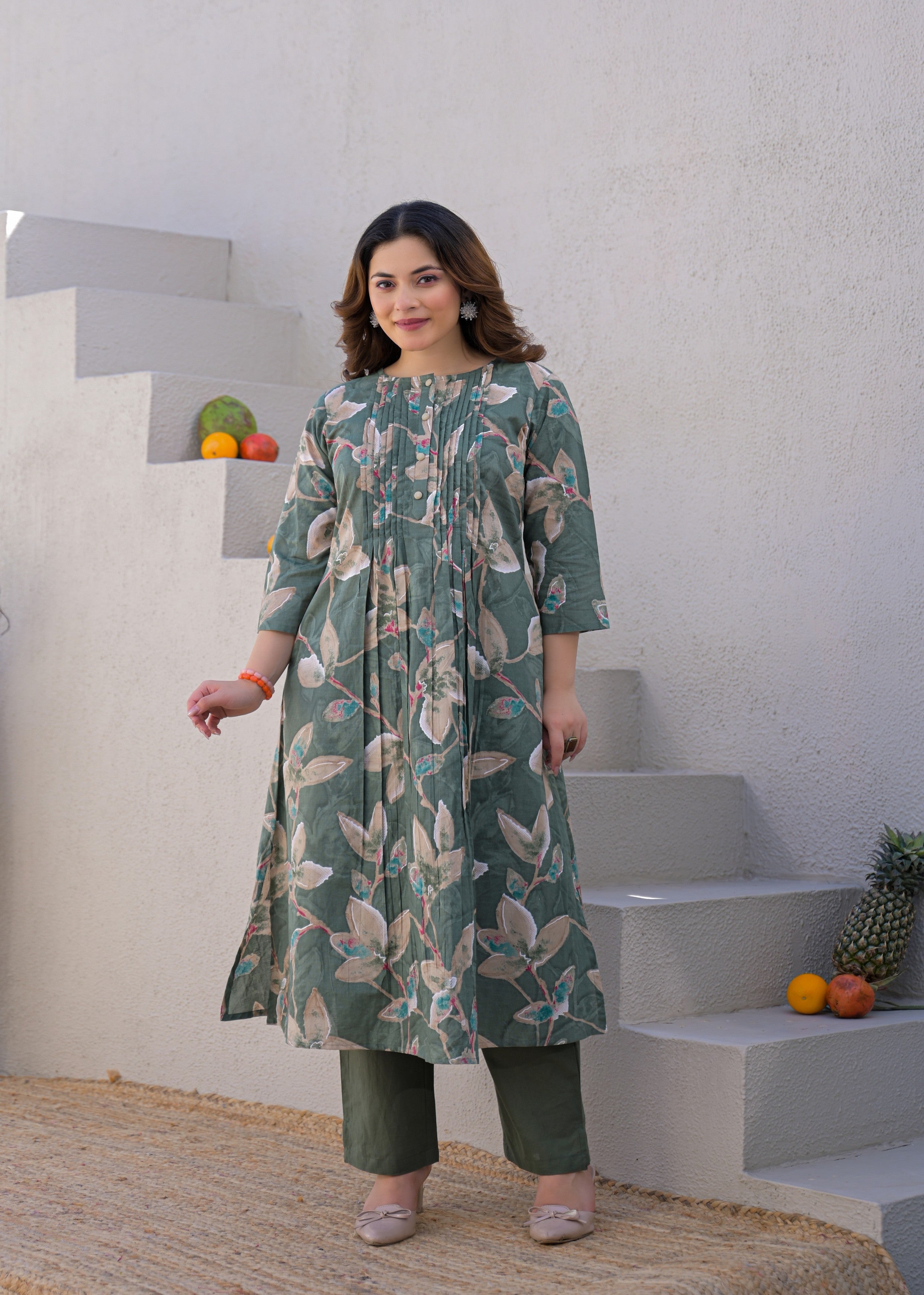 Dusty Green Botanical Printed Mul Cotton Kurta Set