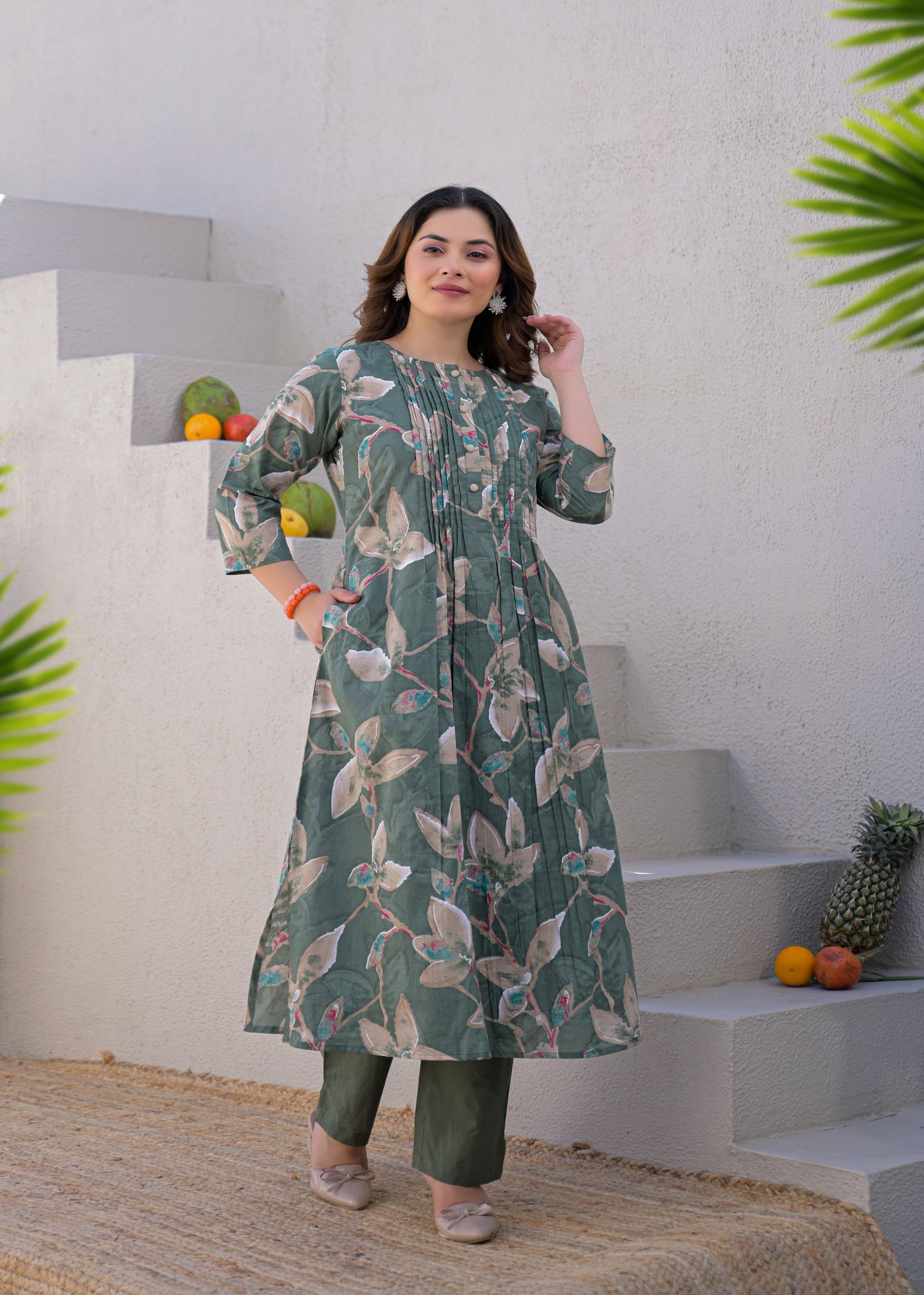 Dusty Green Botanical Printed Mul Cotton Kurta Set