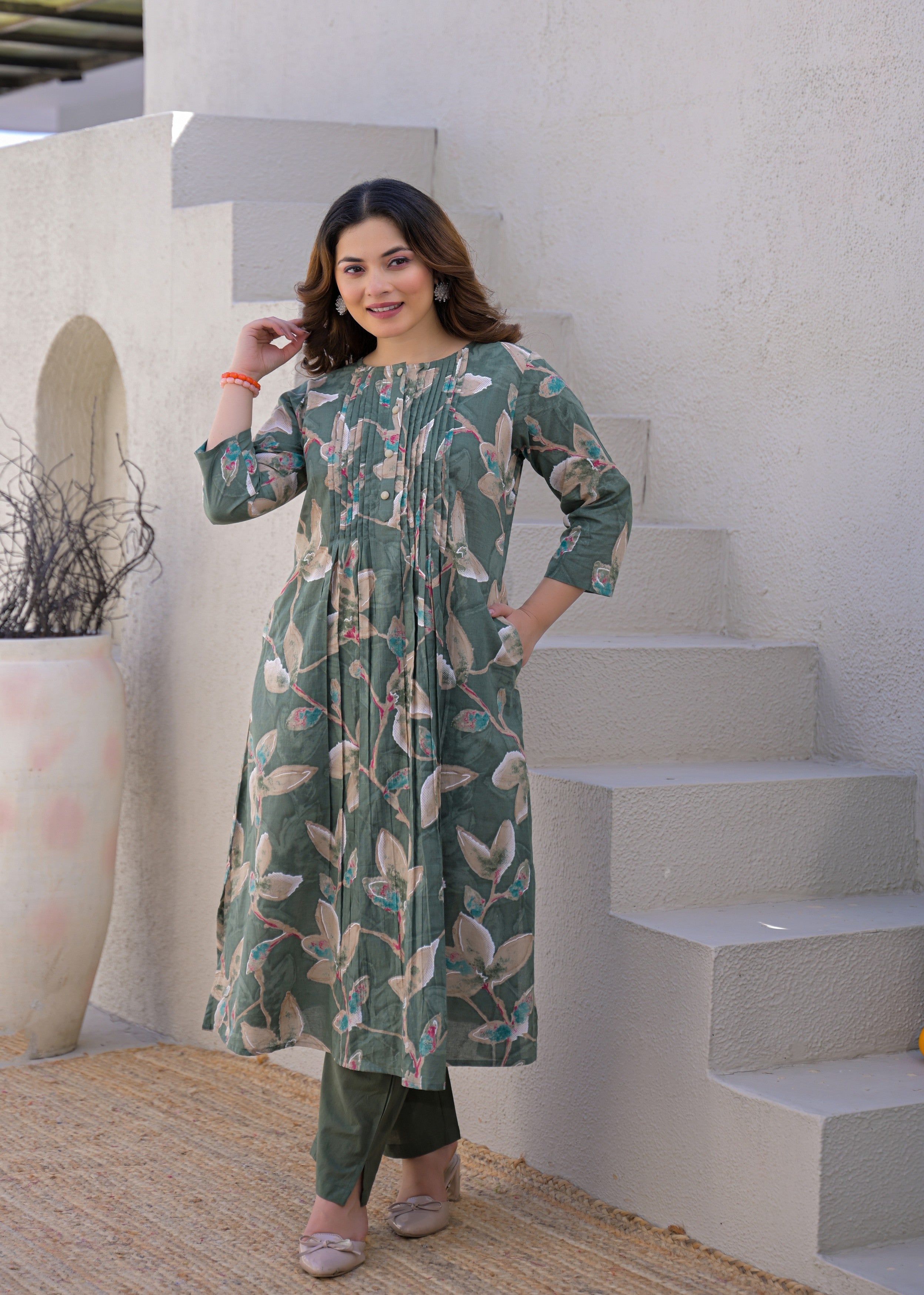 Dusty Green Botanical Printed Mul Cotton Kurta Set