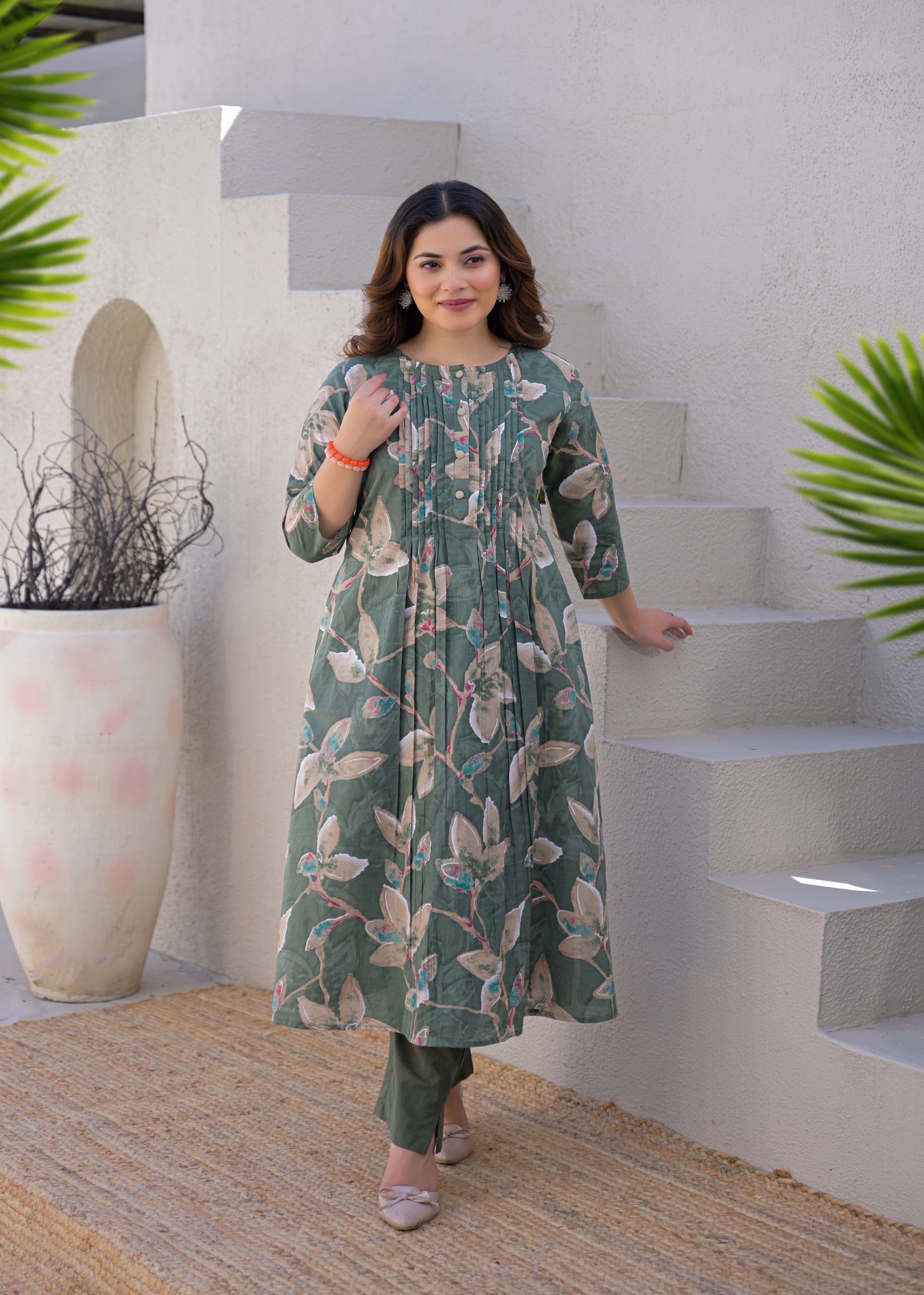 Dusty Green Botanical Printed Mul Cotton Kurta Set