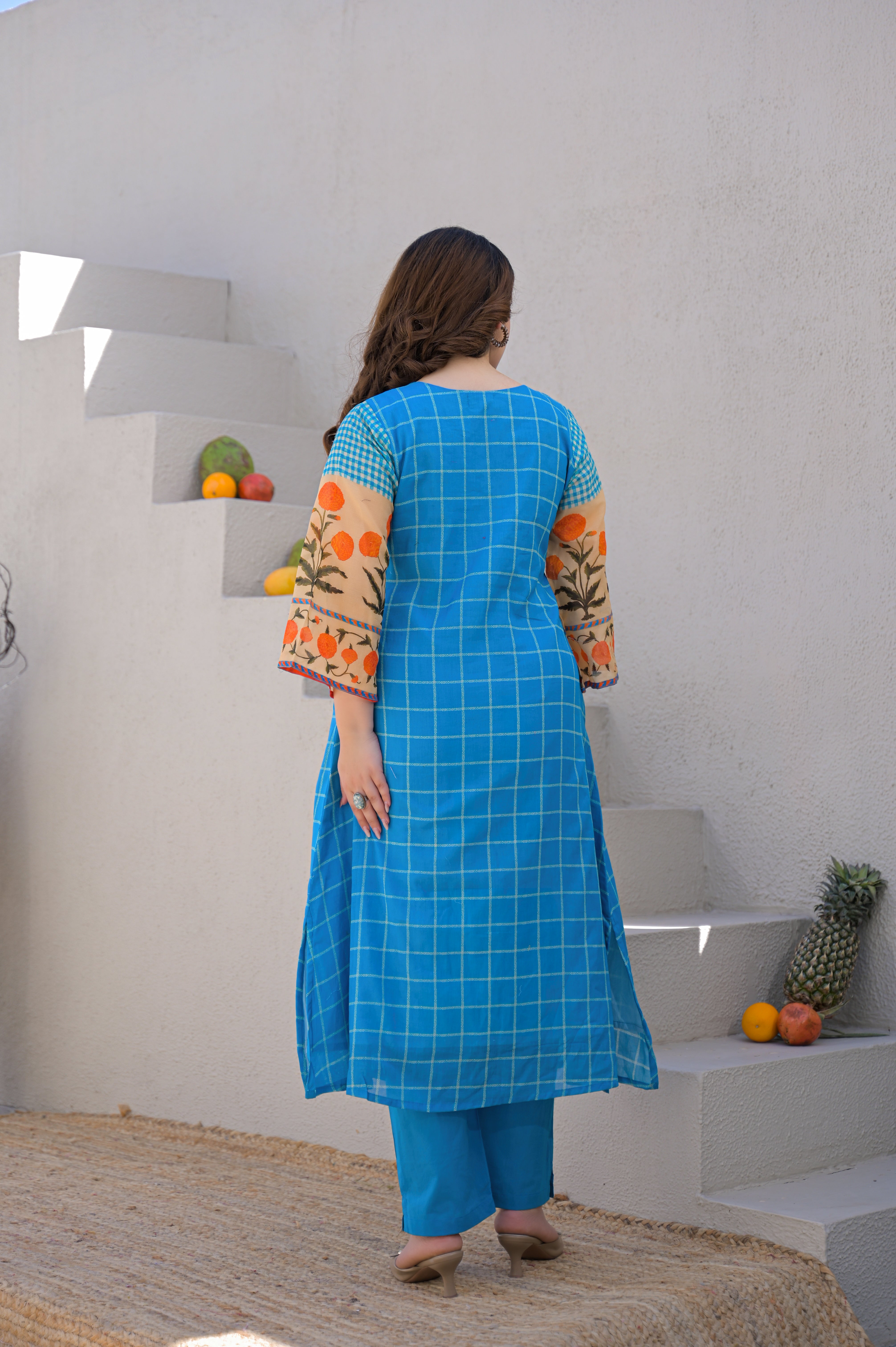Cerulean Grid Printed Mul Cotton Kurta Set