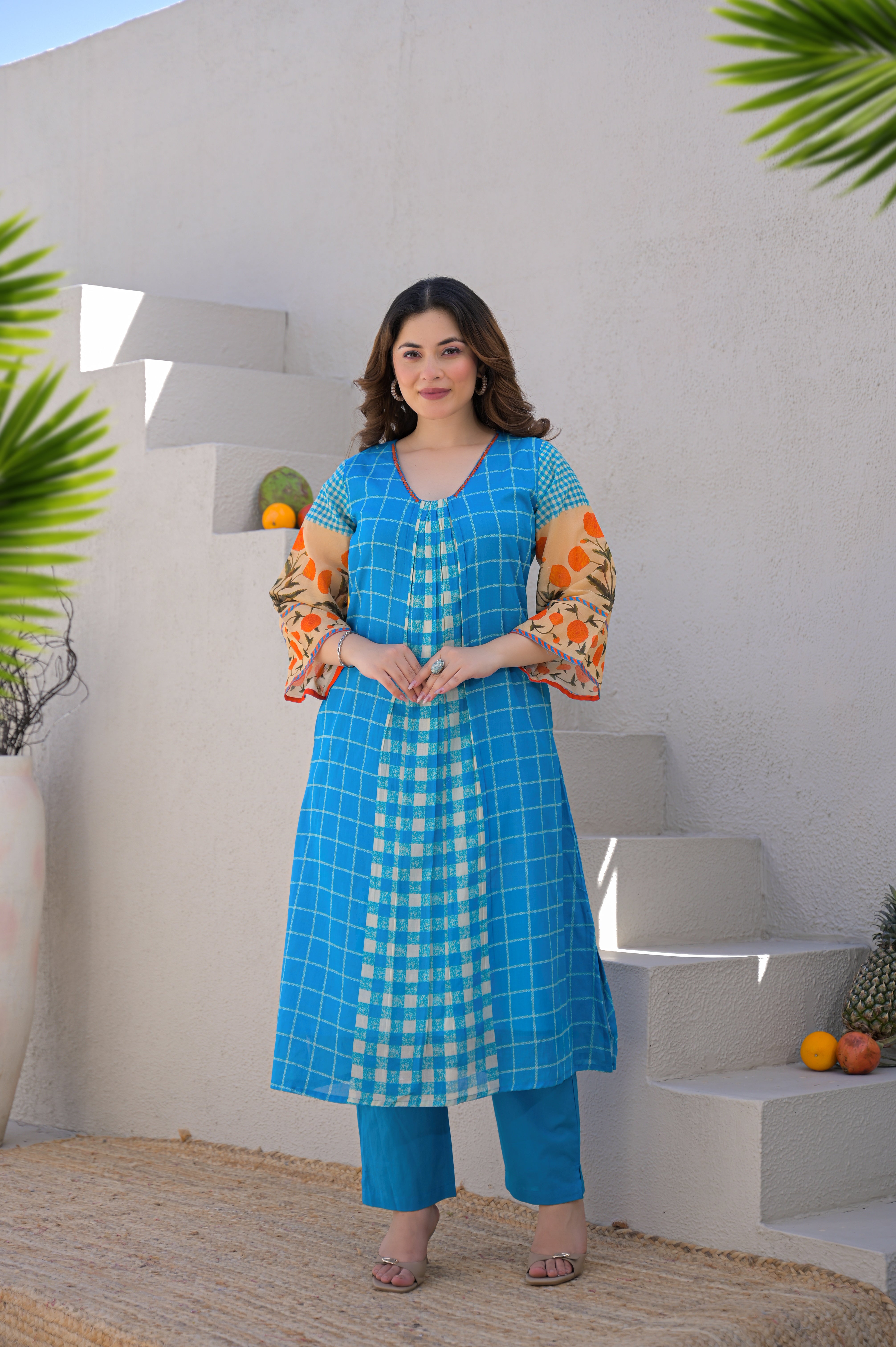 Cerulean Grid Printed Mul Cotton Kurta Set