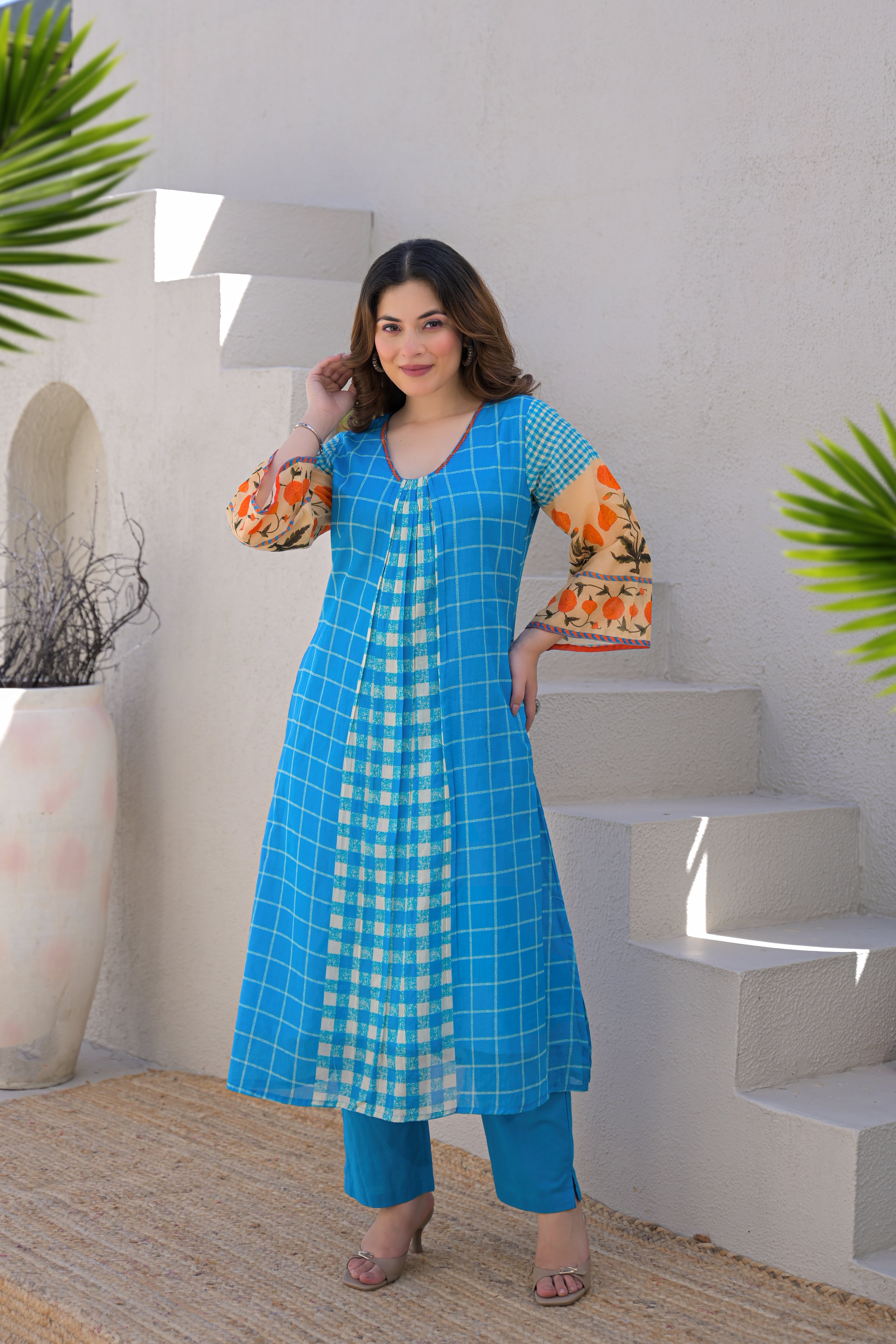 Cerulean Grid Printed Mul Cotton Kurta Set