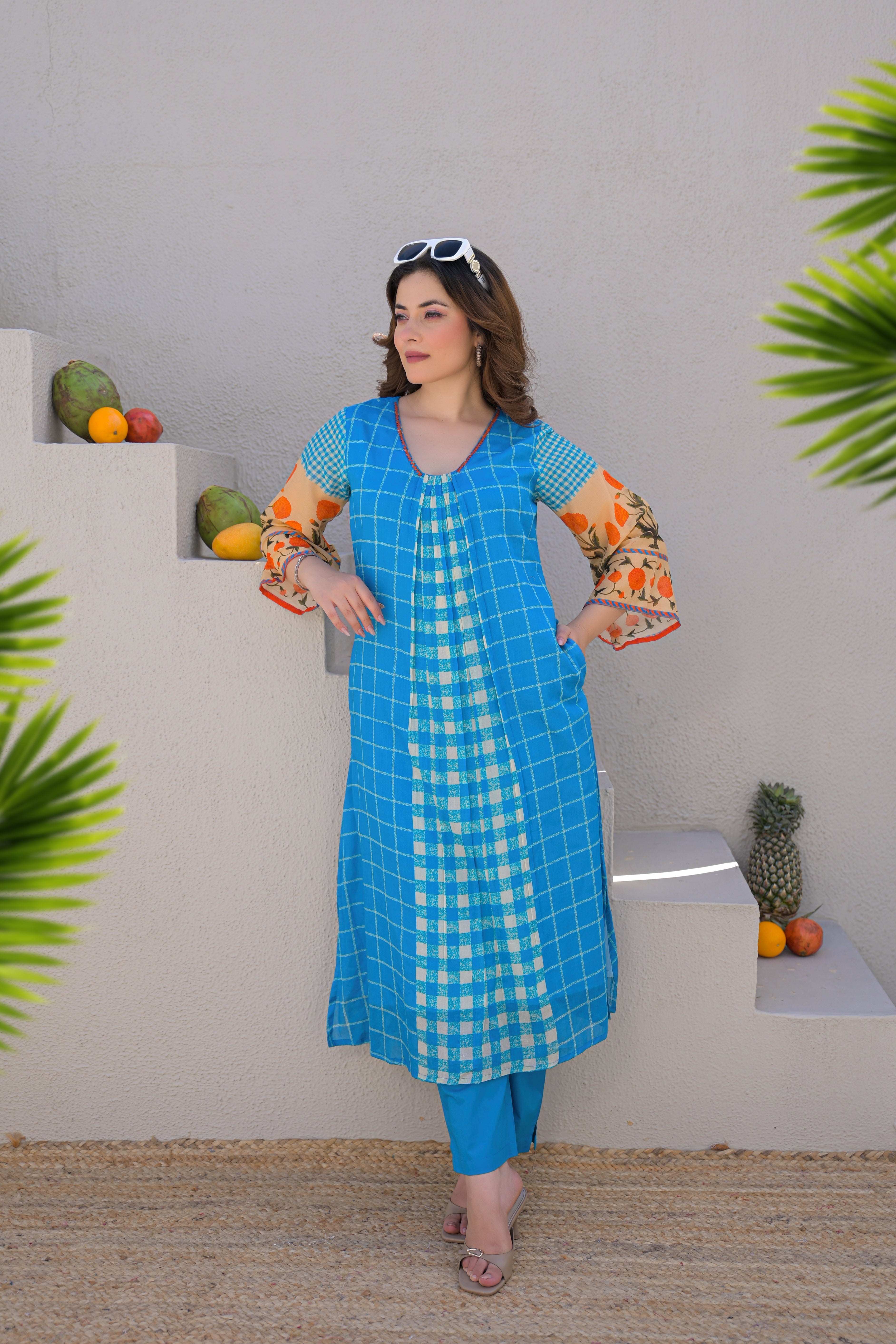 Cerulean Grid Printed Mul Cotton Kurta Set