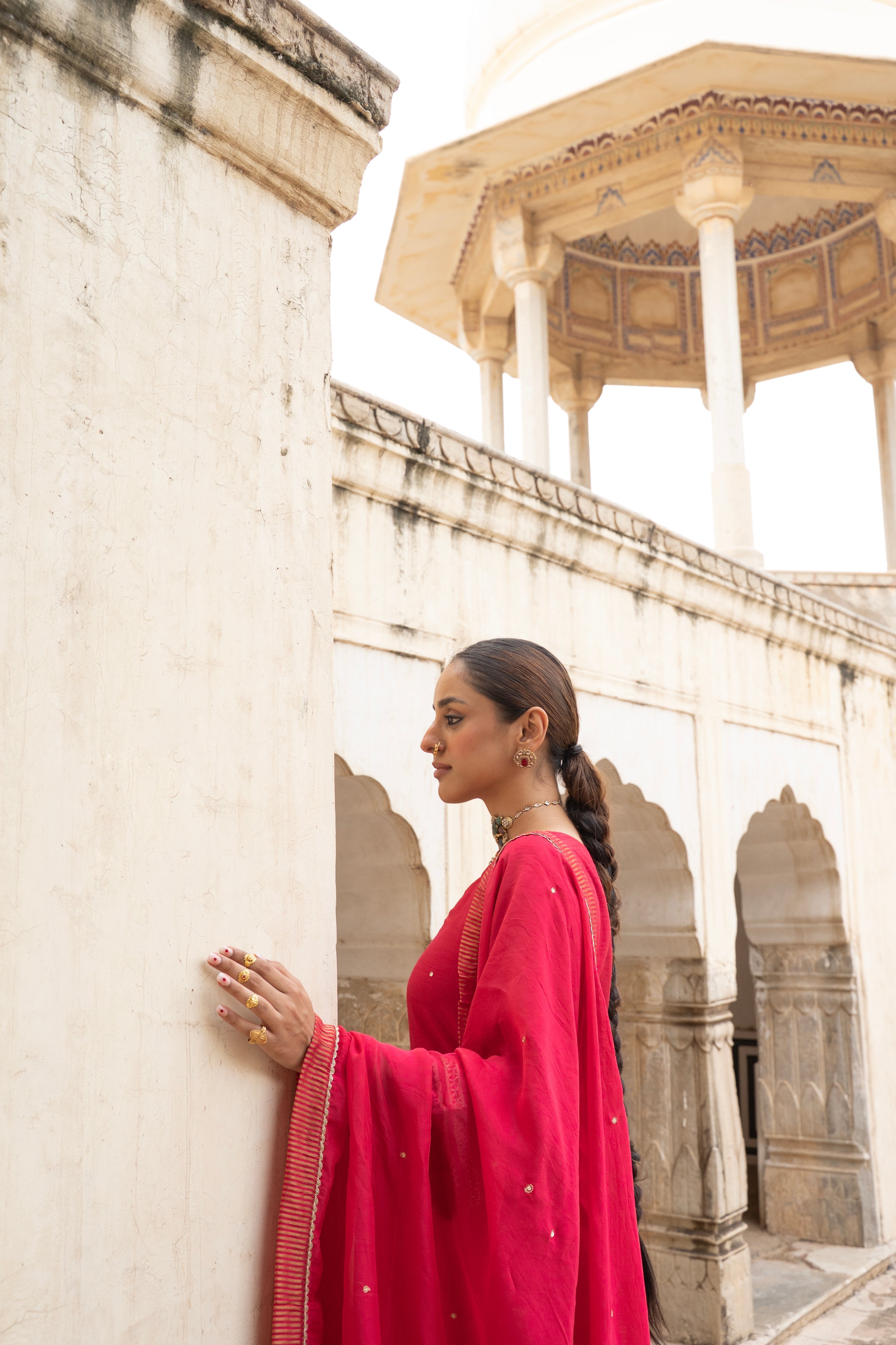 Scarlet Red Embellished Dola Silk Pant Set