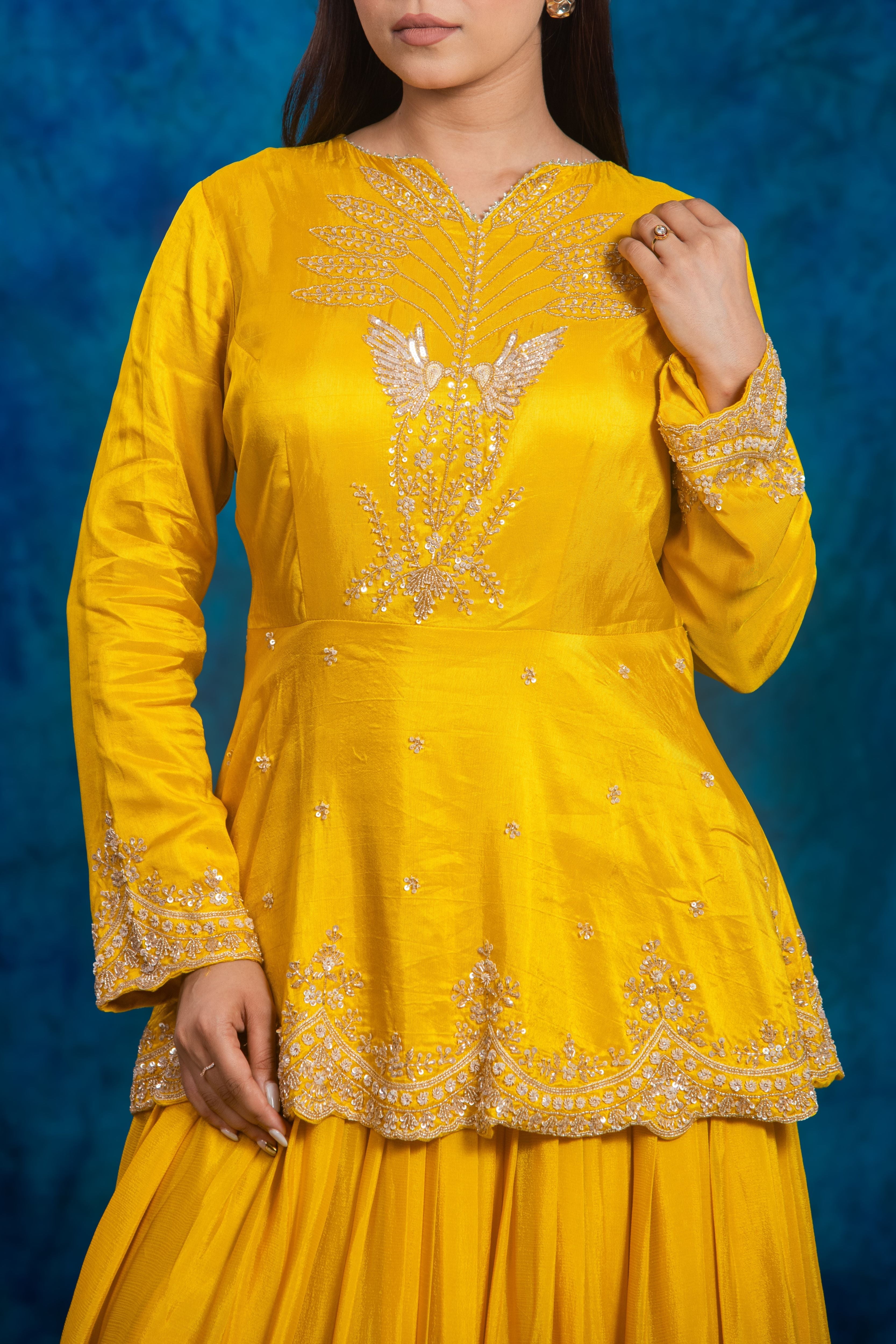 Festive Yellow Embellished Chinon Silk Skirt Set