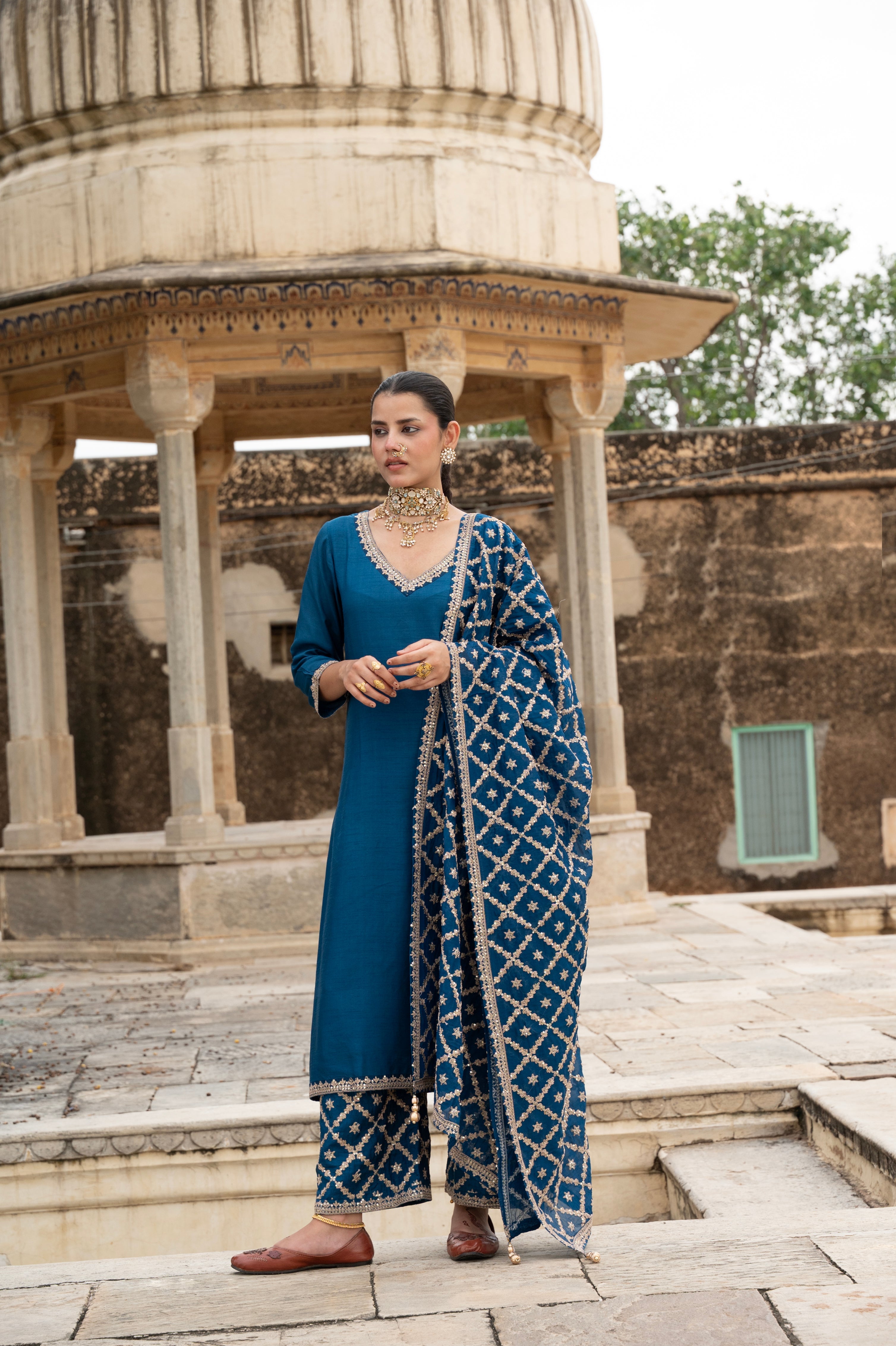 Indigo Blue Embellished Dola Silk Pant Set