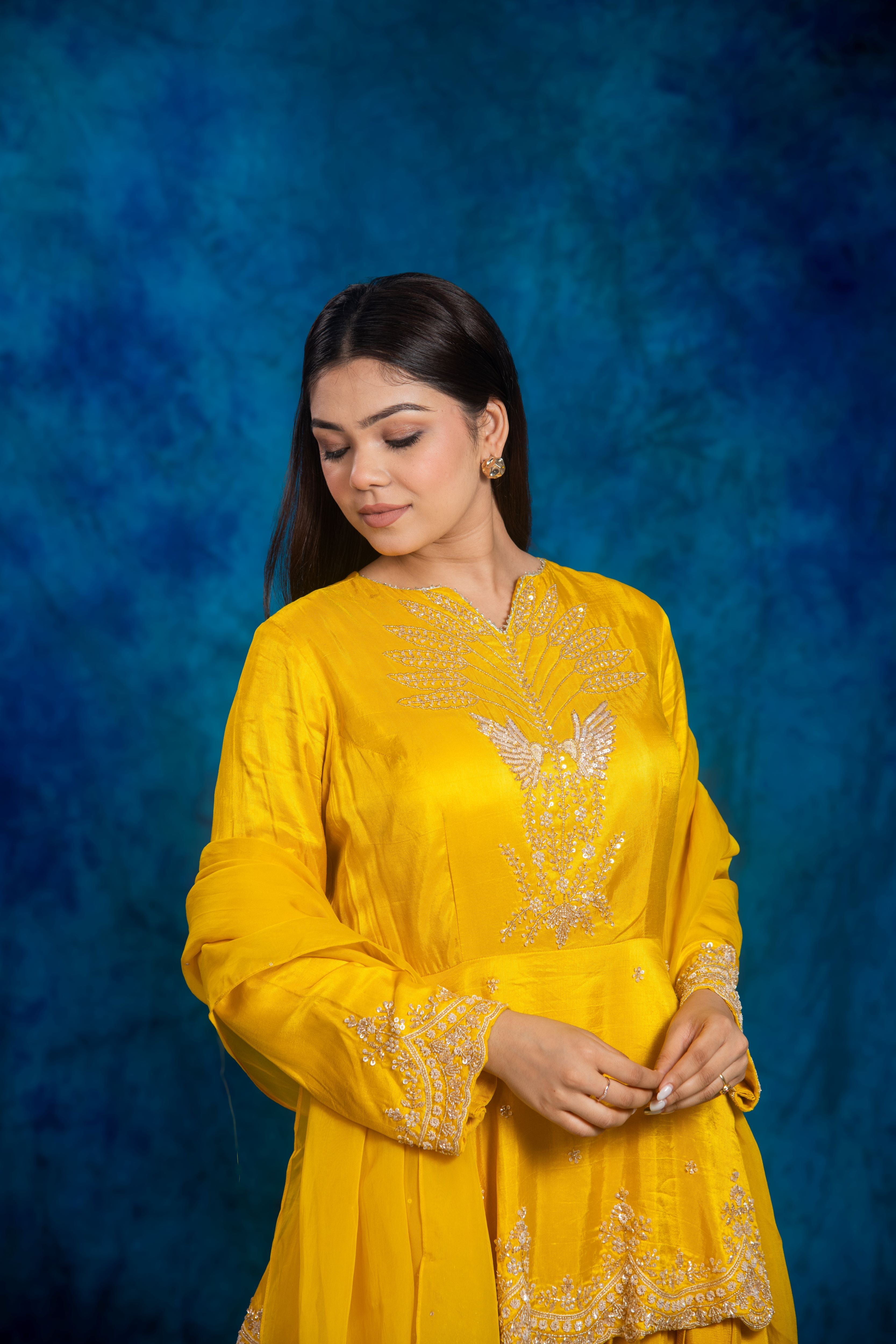 Festive Yellow Embellished Chinon Silk Skirt Set