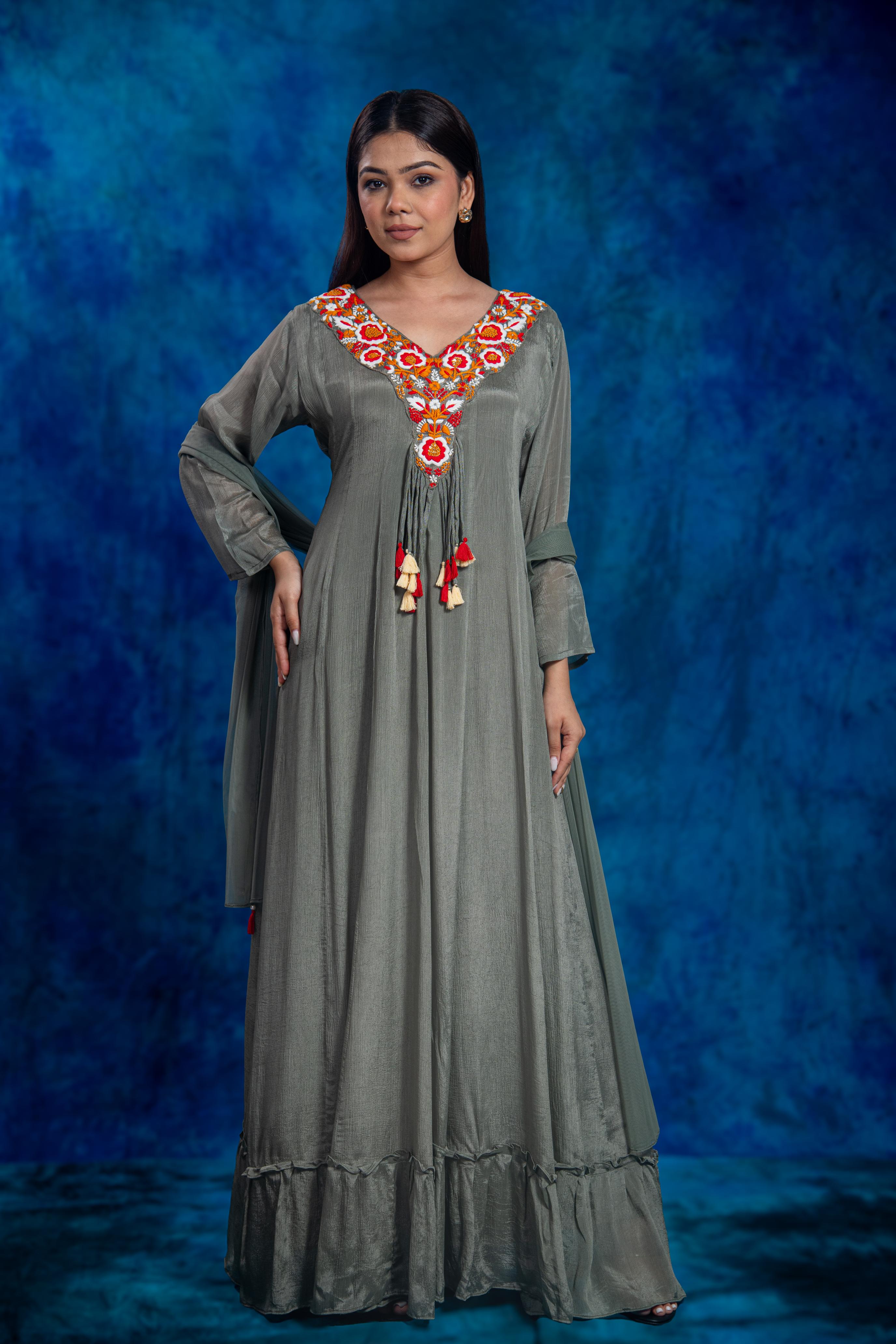 Grey Embroidered Chinon Silk Anarkali Set