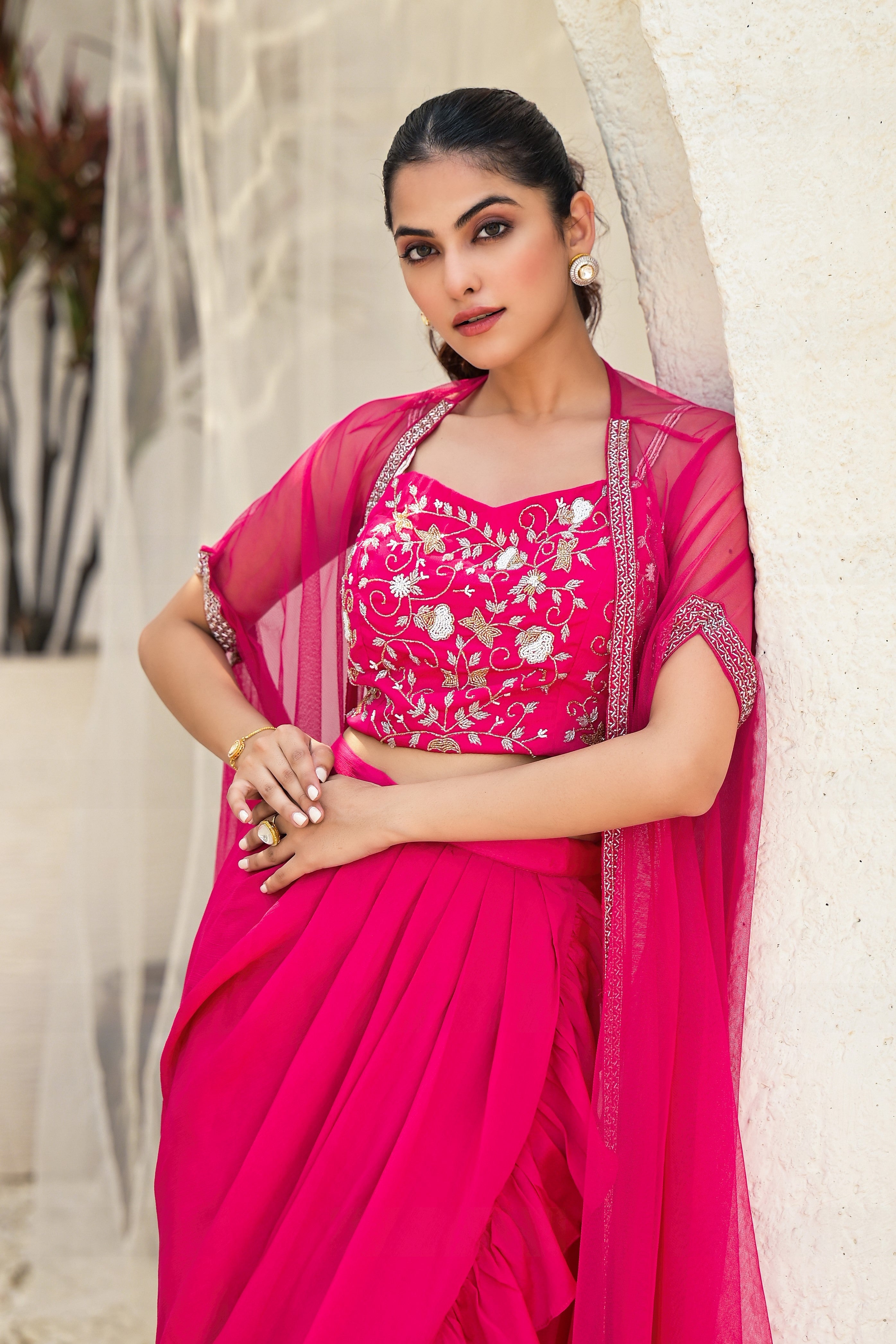 Rani Pink Embellished Premium Chinon Silk Cape Set