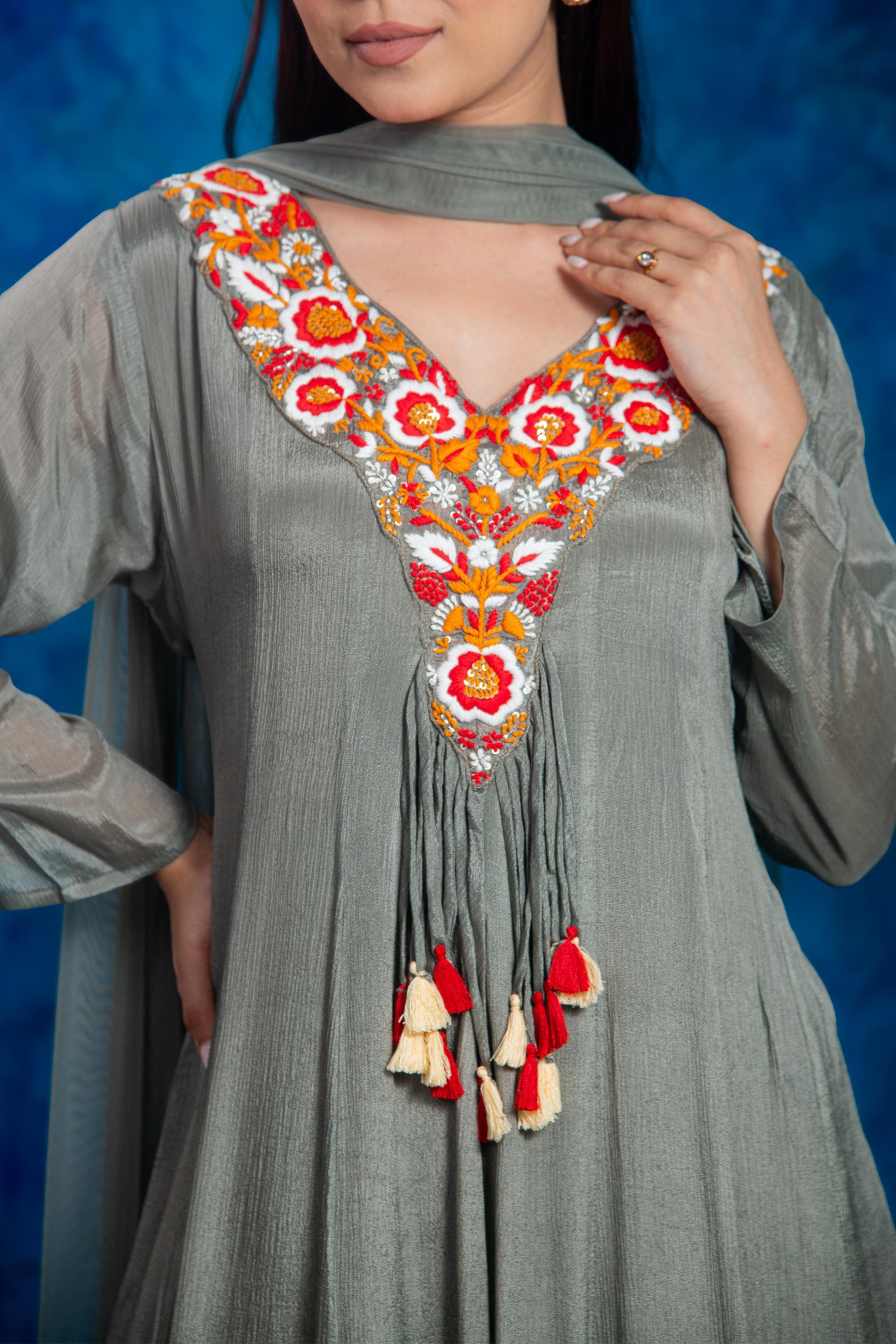 Grey Embroidered Chinon Silk Anarkali Set