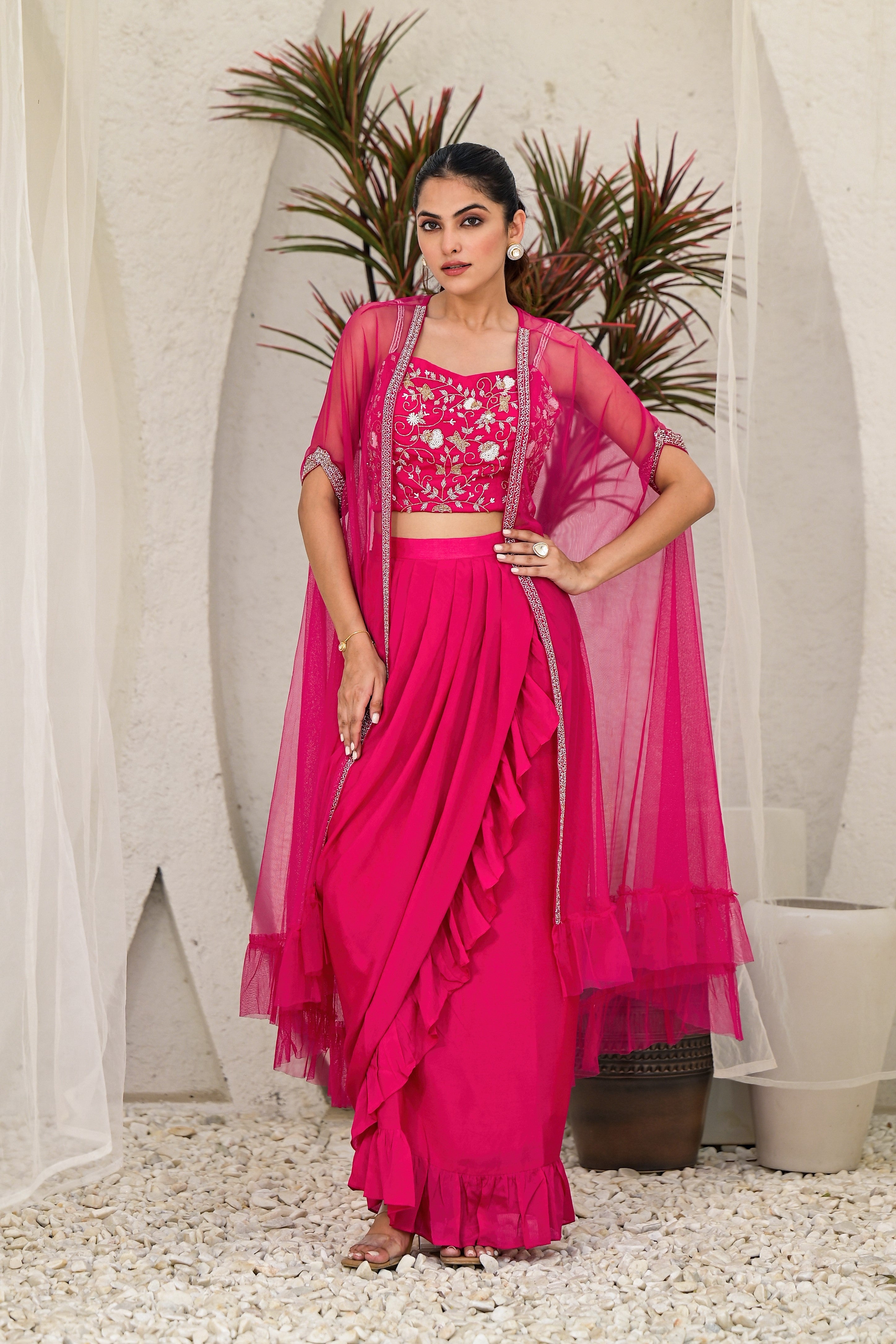 Rani Pink Embellished Premium Chinon Silk Cape Set