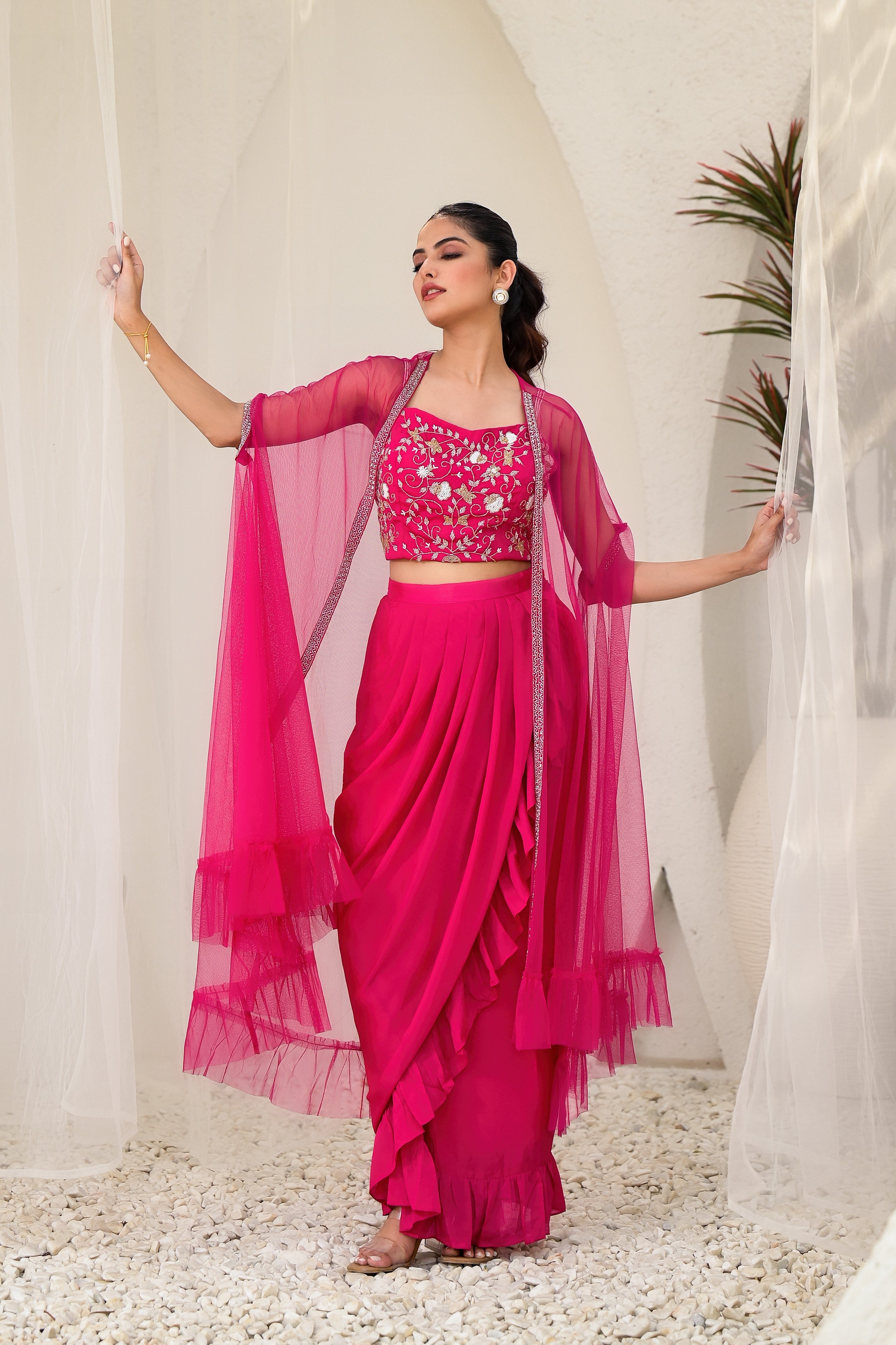 Rani Pink Embellished Premium Chinon Silk Cape Set