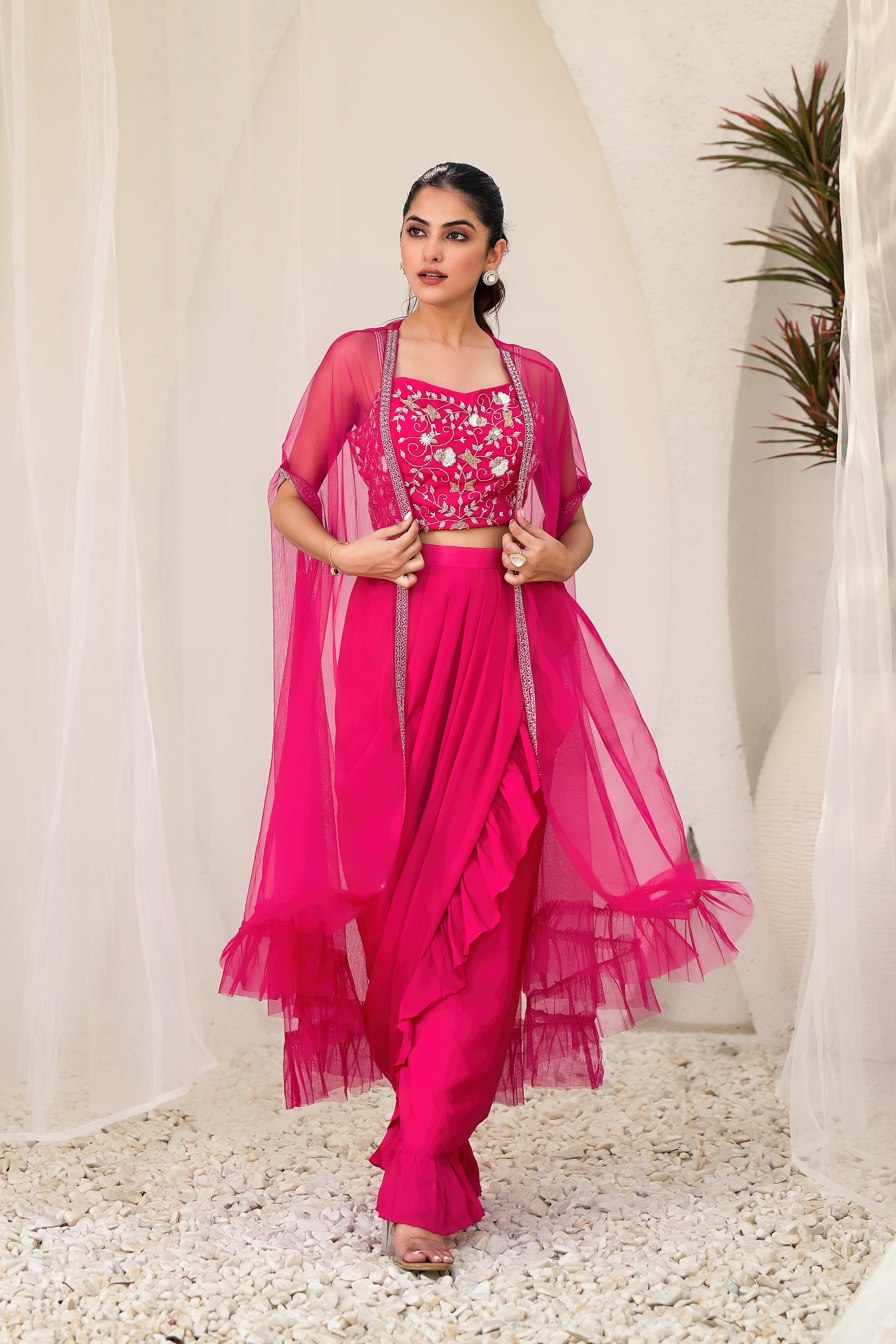 Rani Pink Embellished Premium Chinon Silk Cape Set