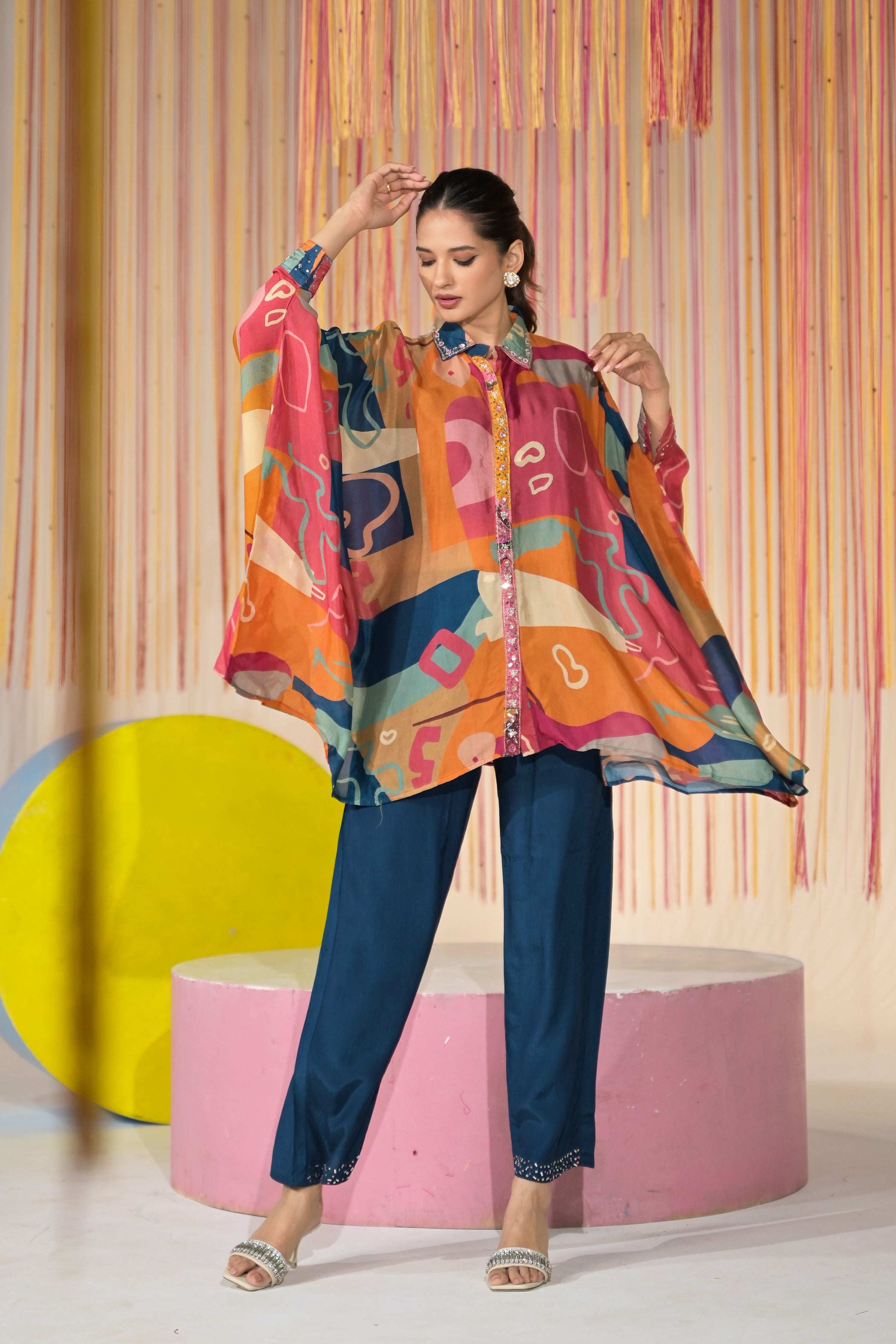 Multicolor Printed Chinon Silk Co-Ord Set