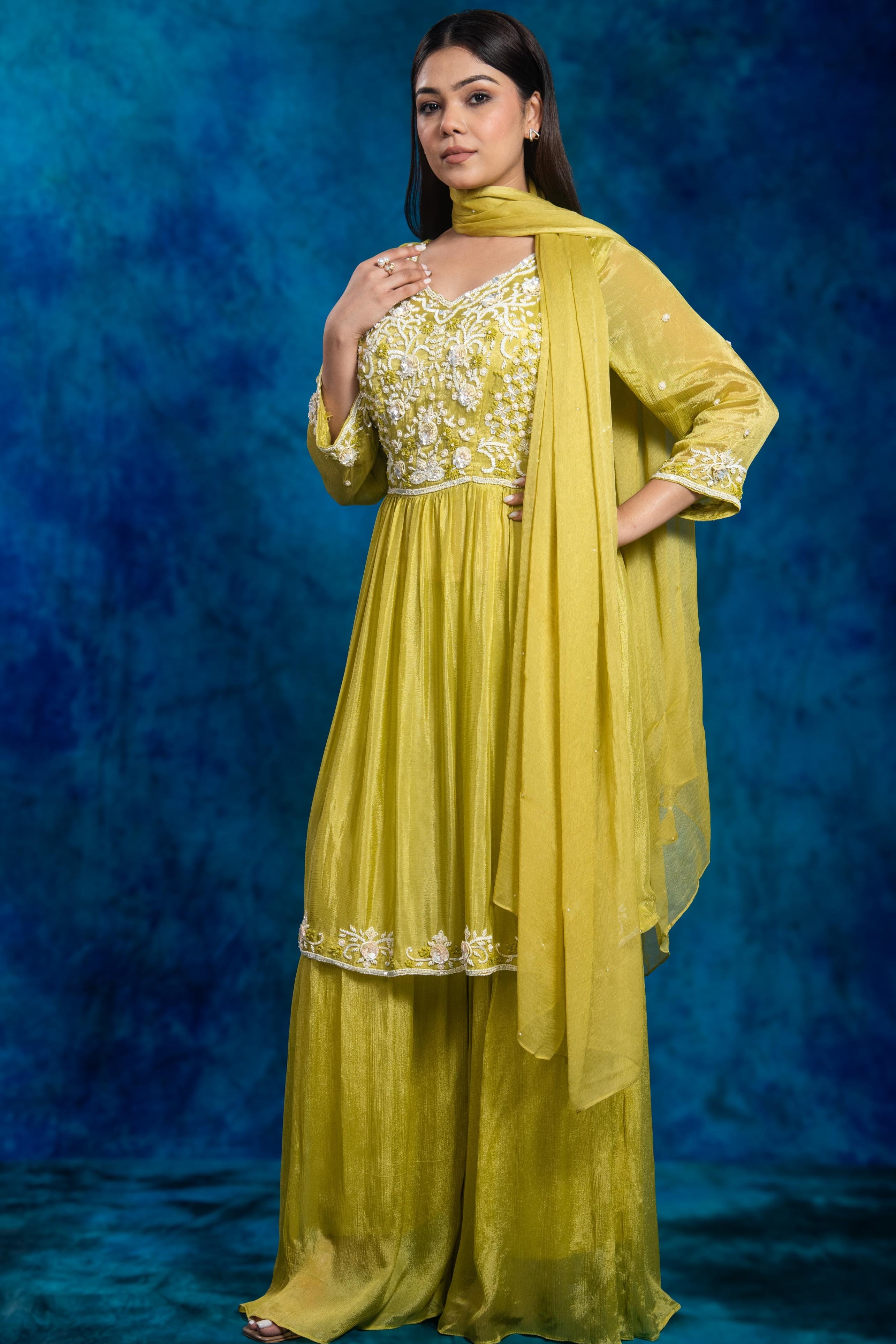 Green Embroidered Chinon Silk Sharara Set