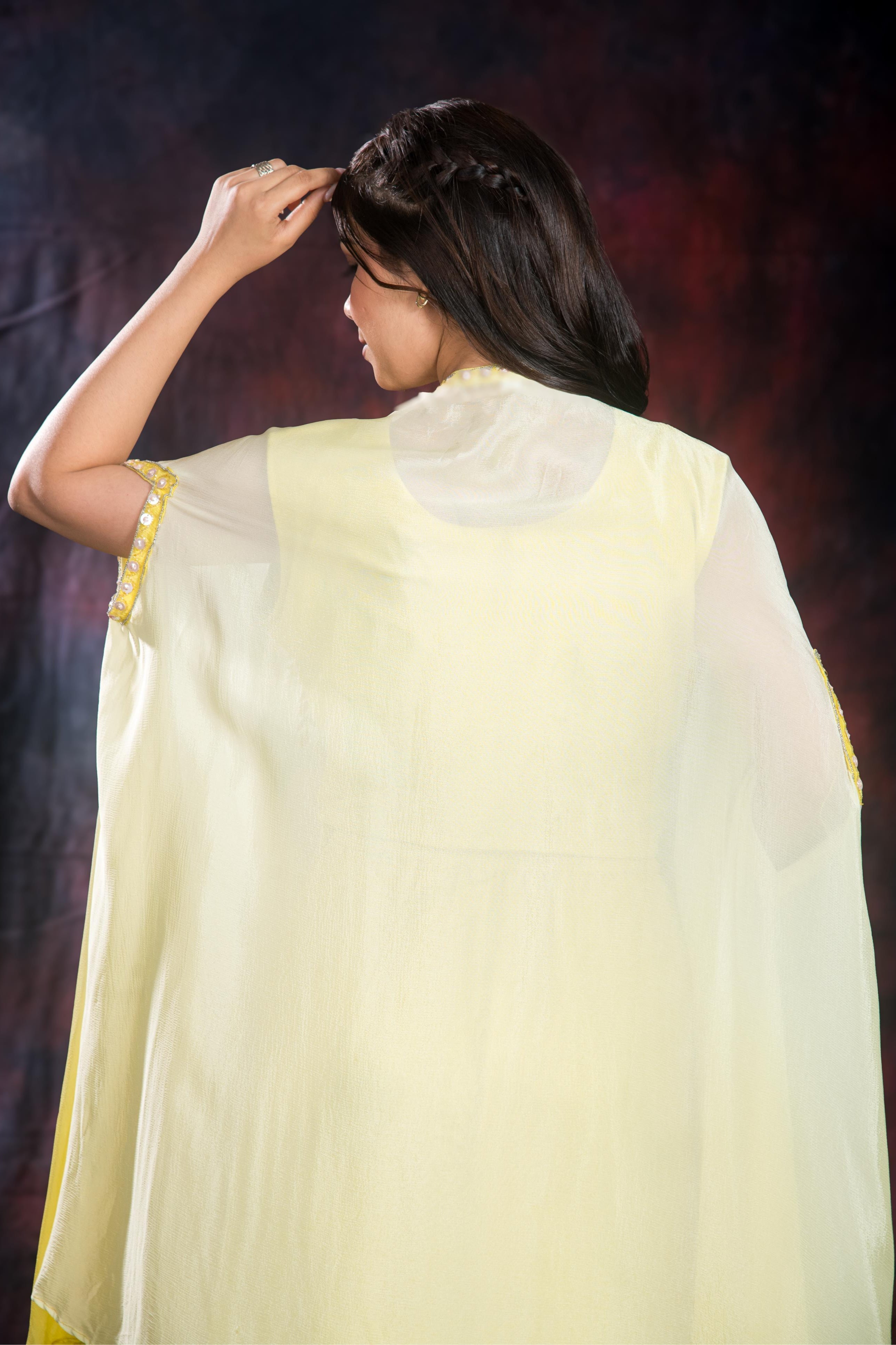 Light Yellow Chinon Silk Cape Set