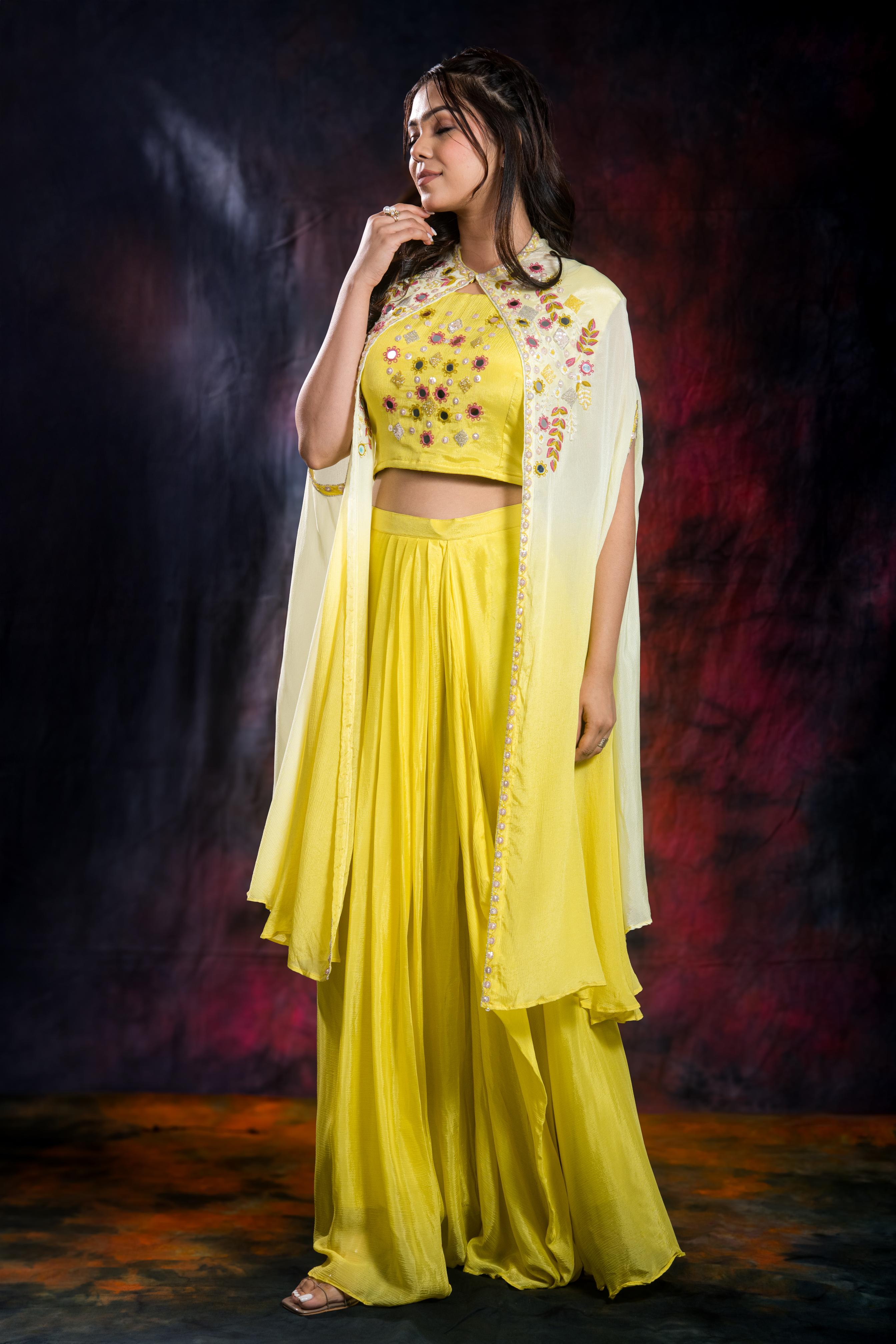 Light Yellow Chinon Silk Cape Set