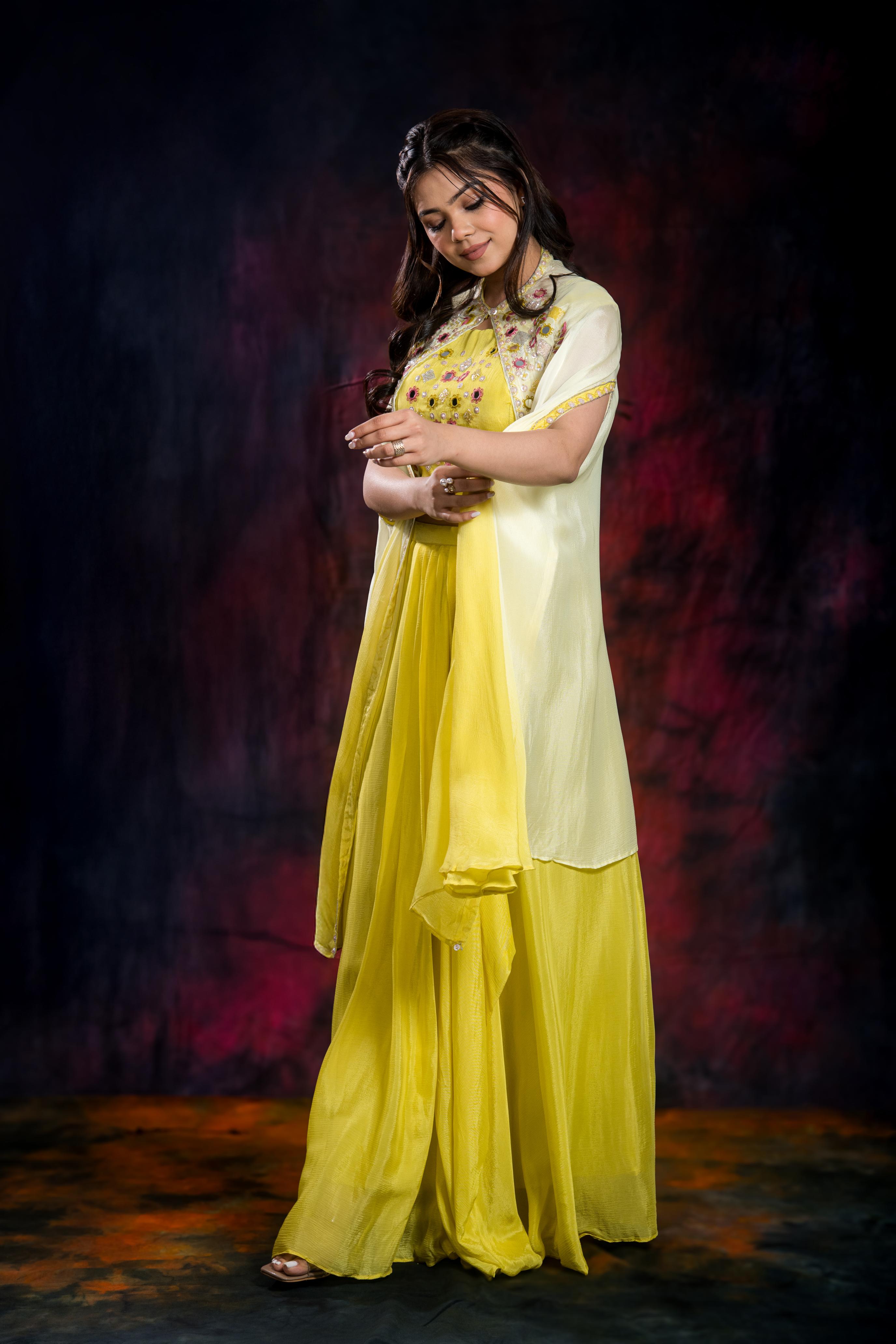 Light Yellow Chinon Silk Cape Set