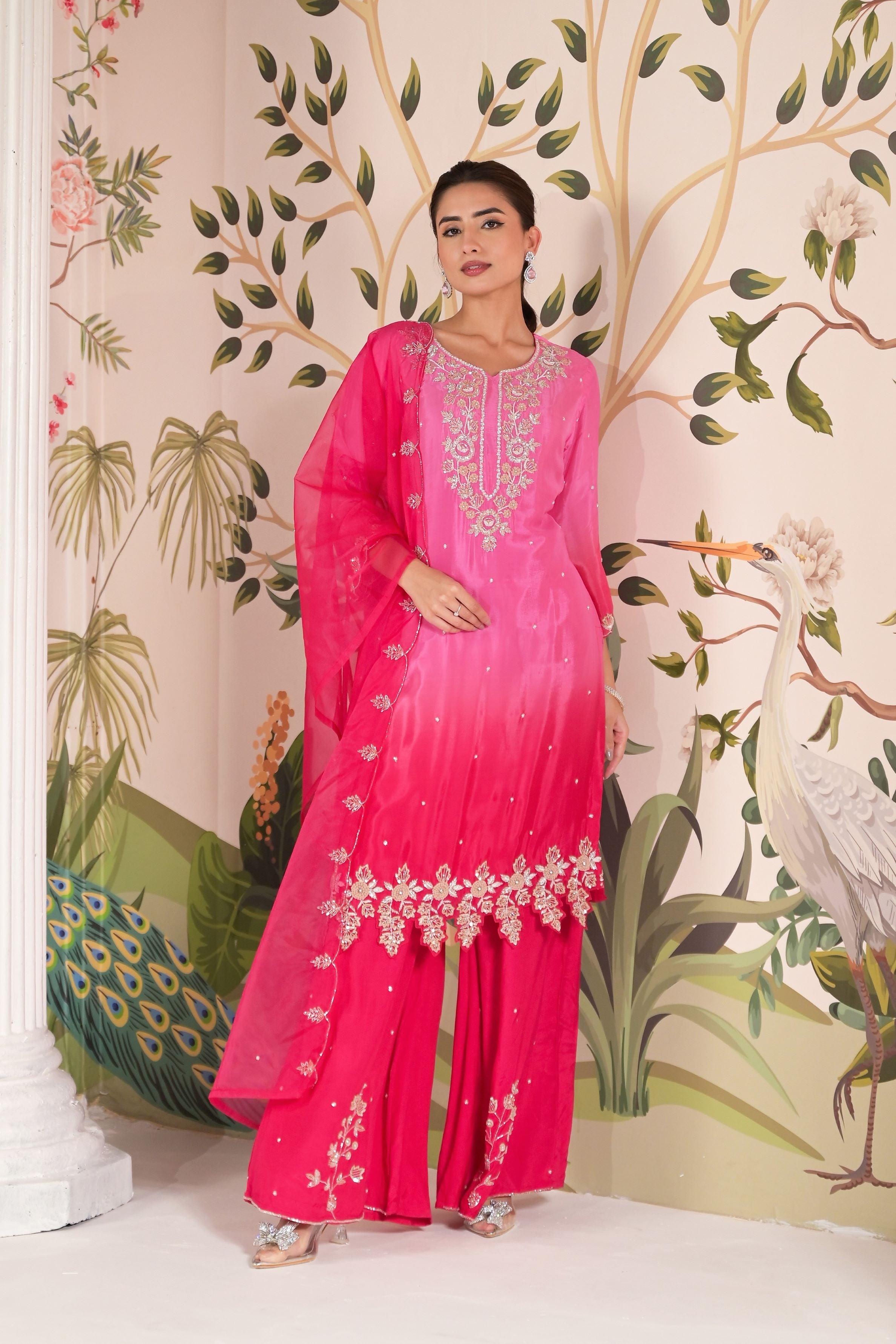 Pink Ombre Dyed Italian Paper Silk Palazzo Set