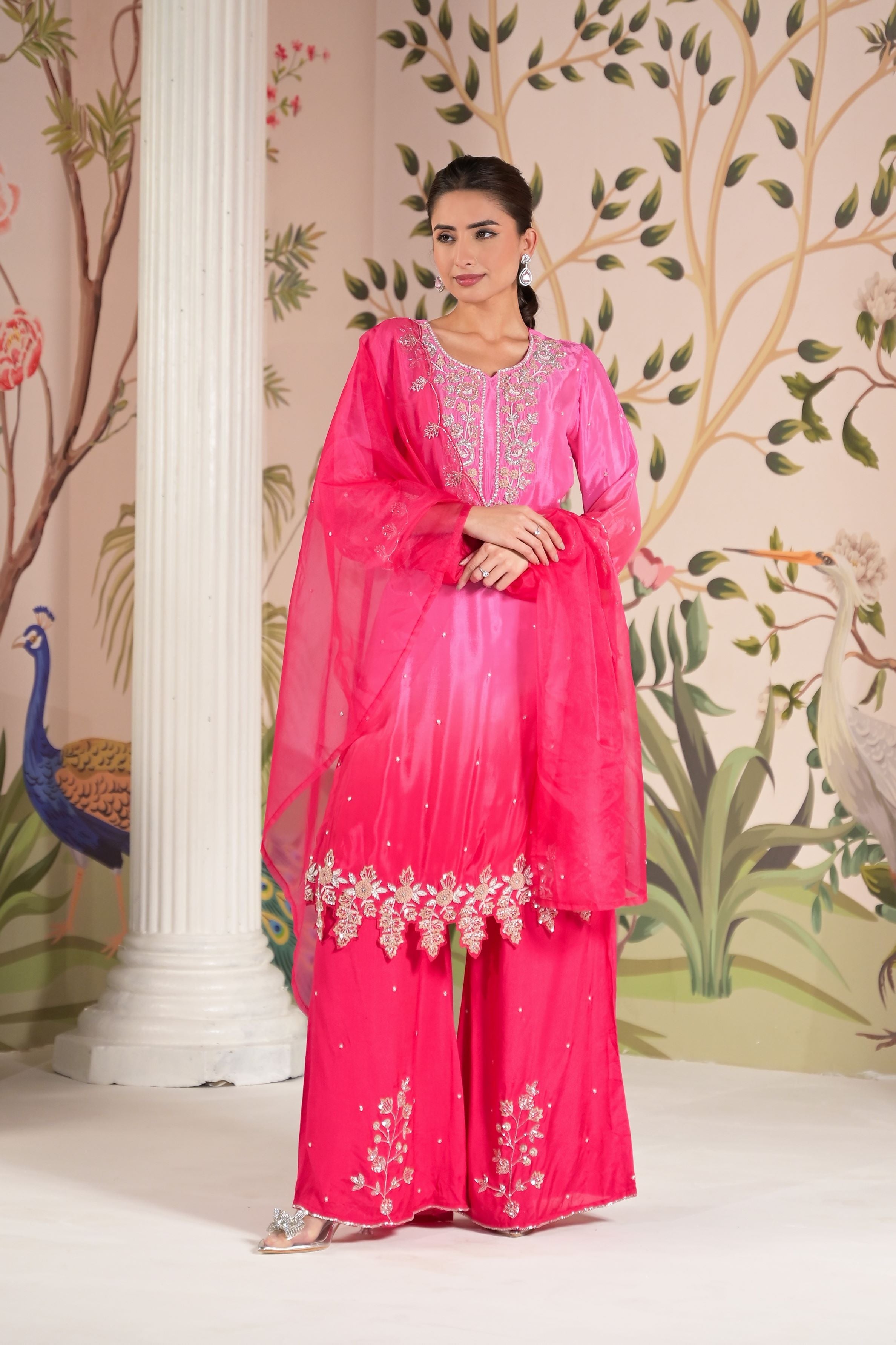 Pink Ombre Dyed Italian Paper Silk Palazzo Set