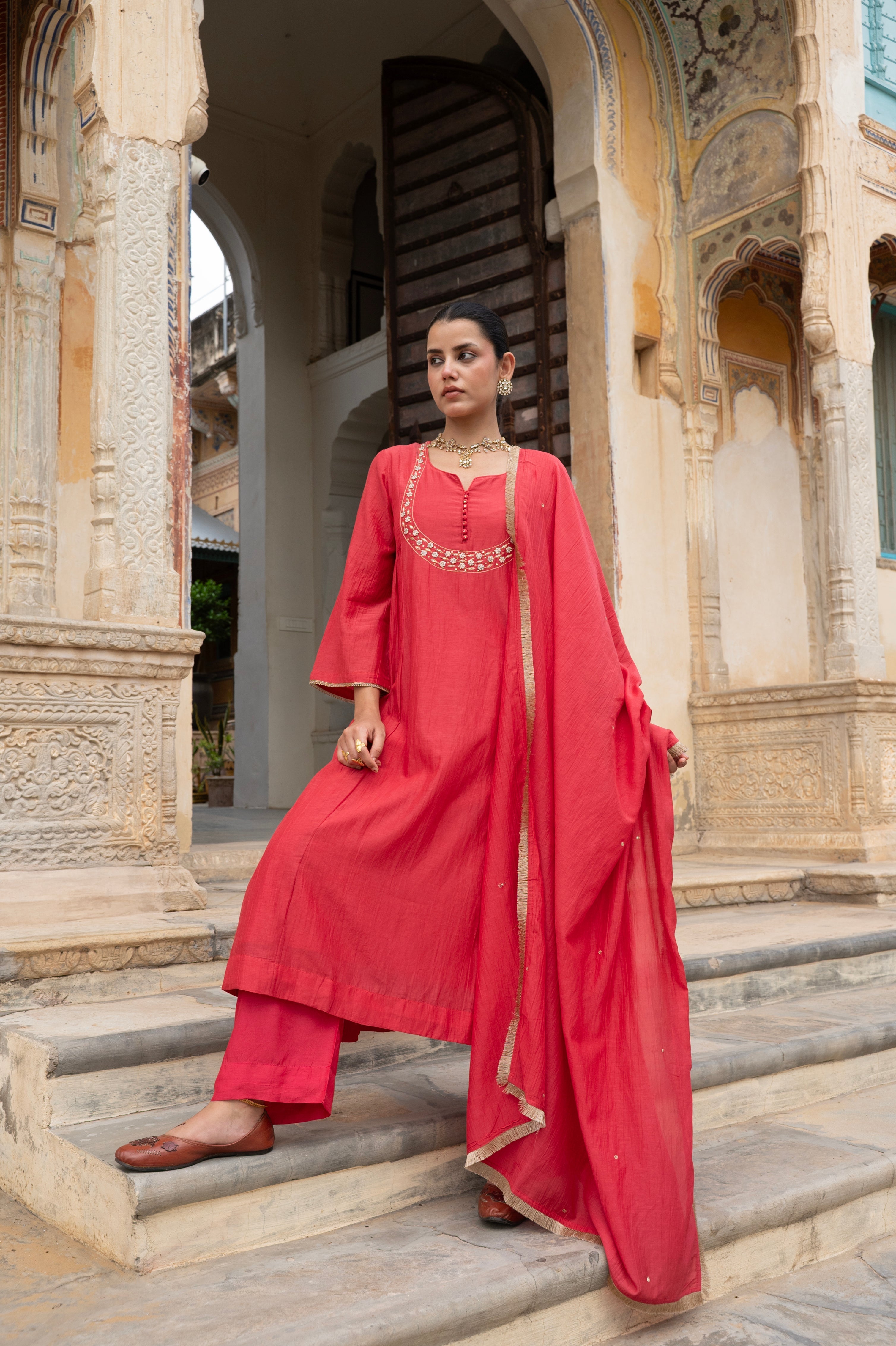 Crimson Red Embellished Mul Chenderi Pant Set