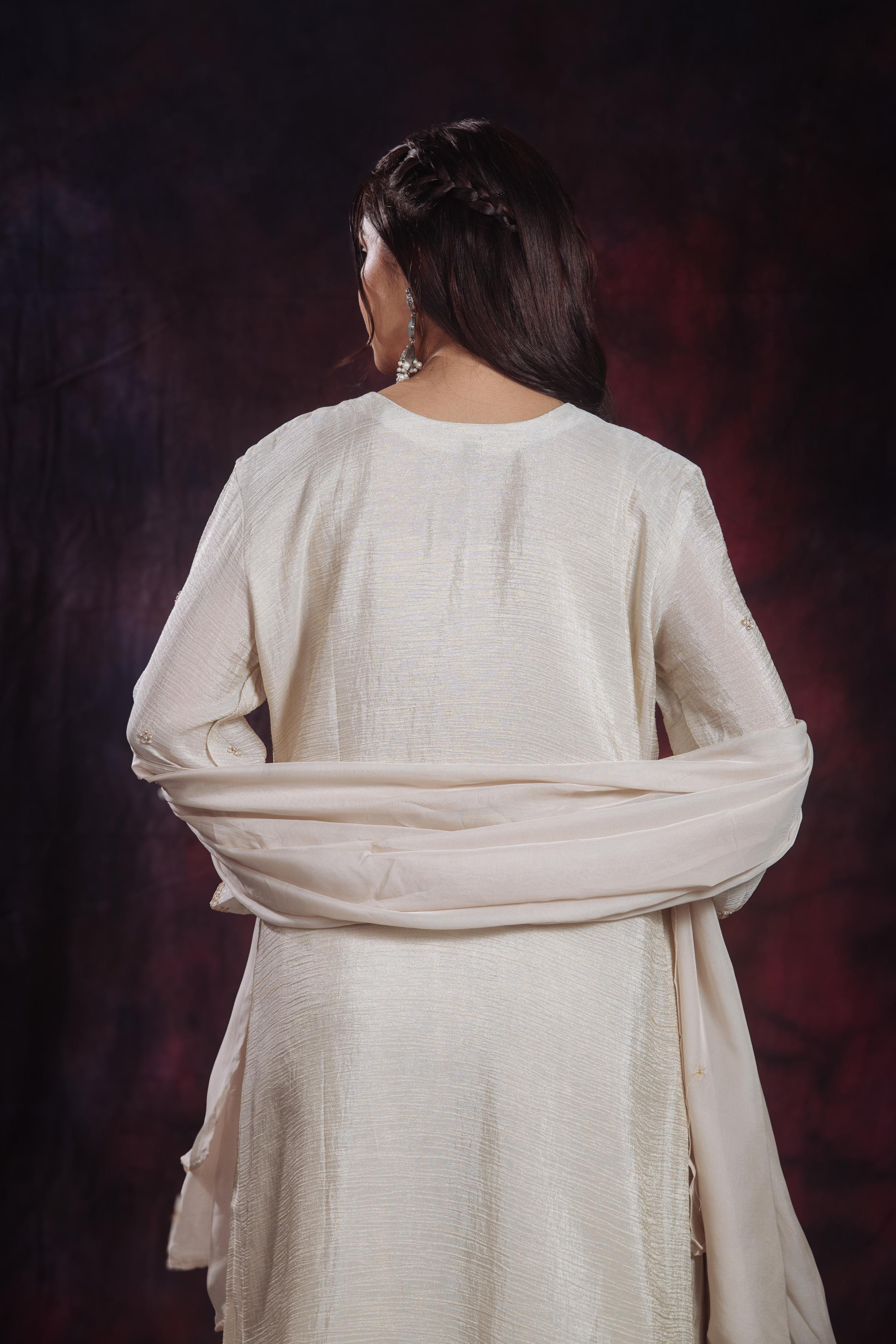 Golden Ivory Embroidered Soft Shimmer Silk Palazzo Set