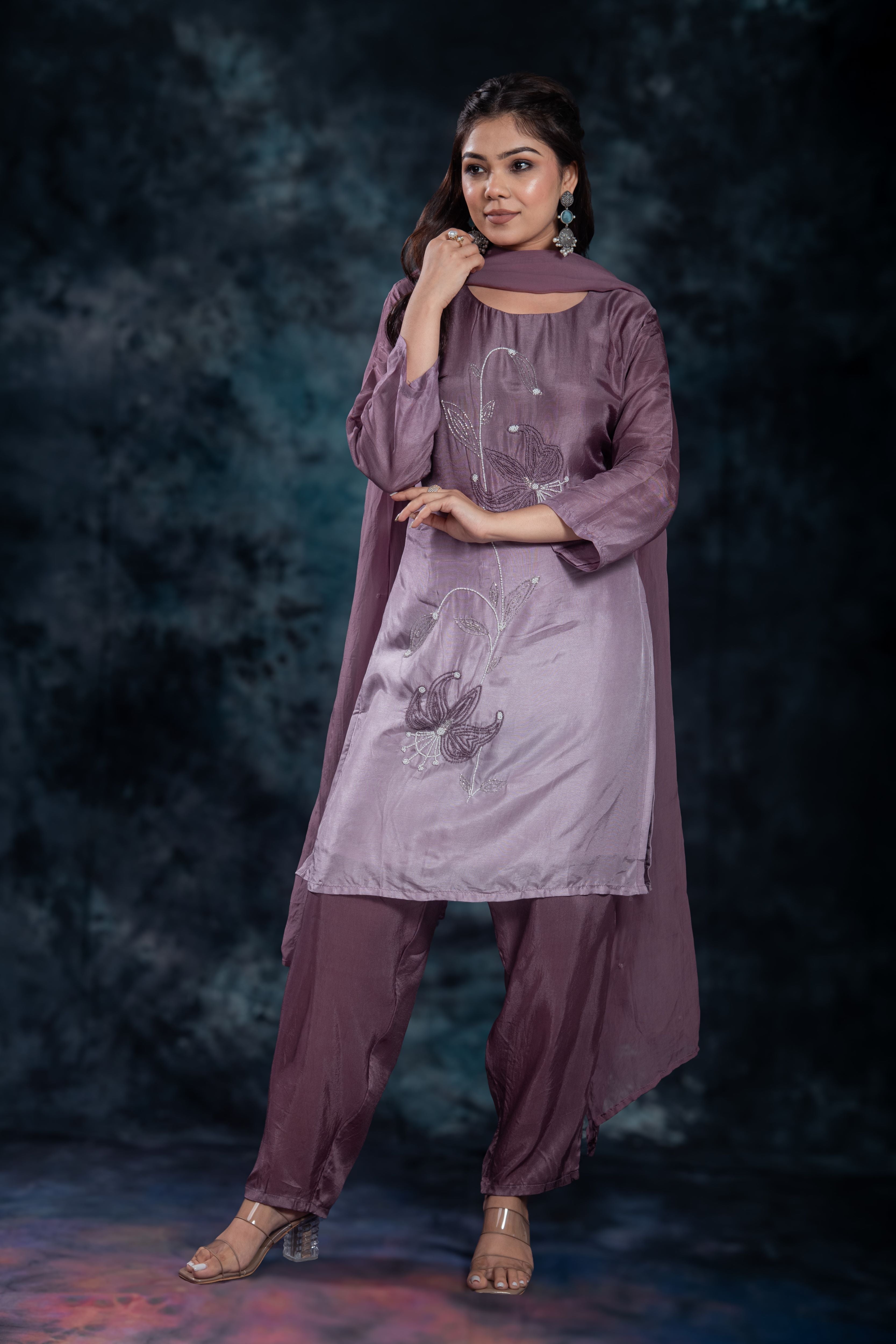 Deep Mauve Embellished Premium Silk Pants Set