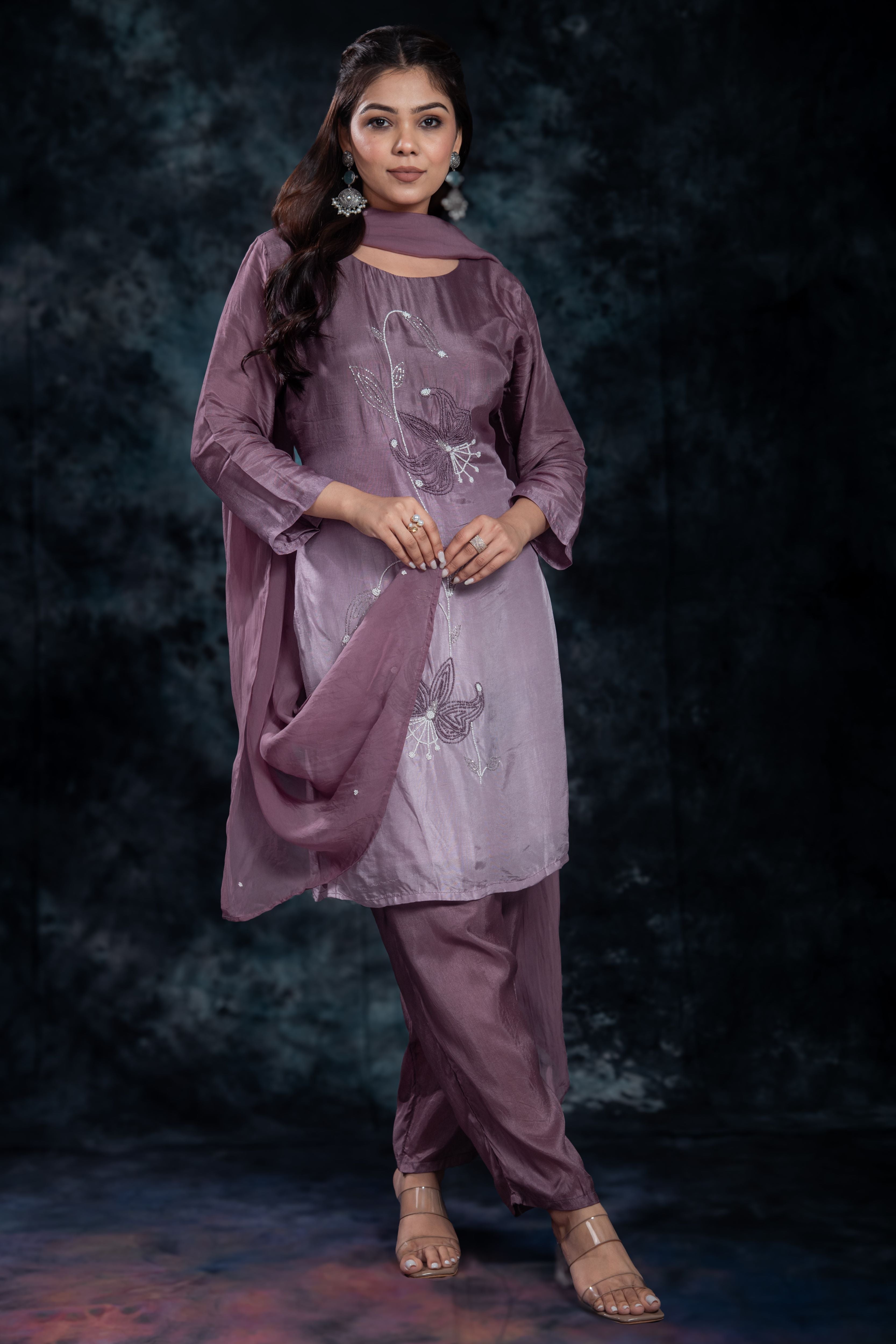 Deep Mauve Embellished Premium Silk Pants Set