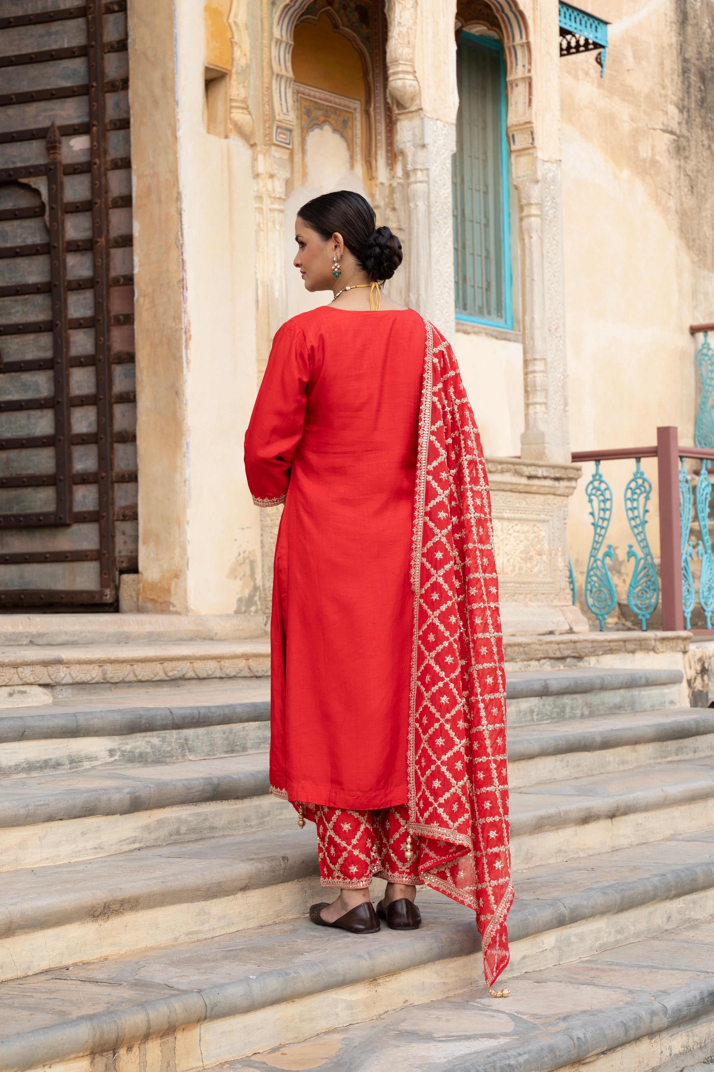 Crimson Red Embellished Dola Silk Pant Set