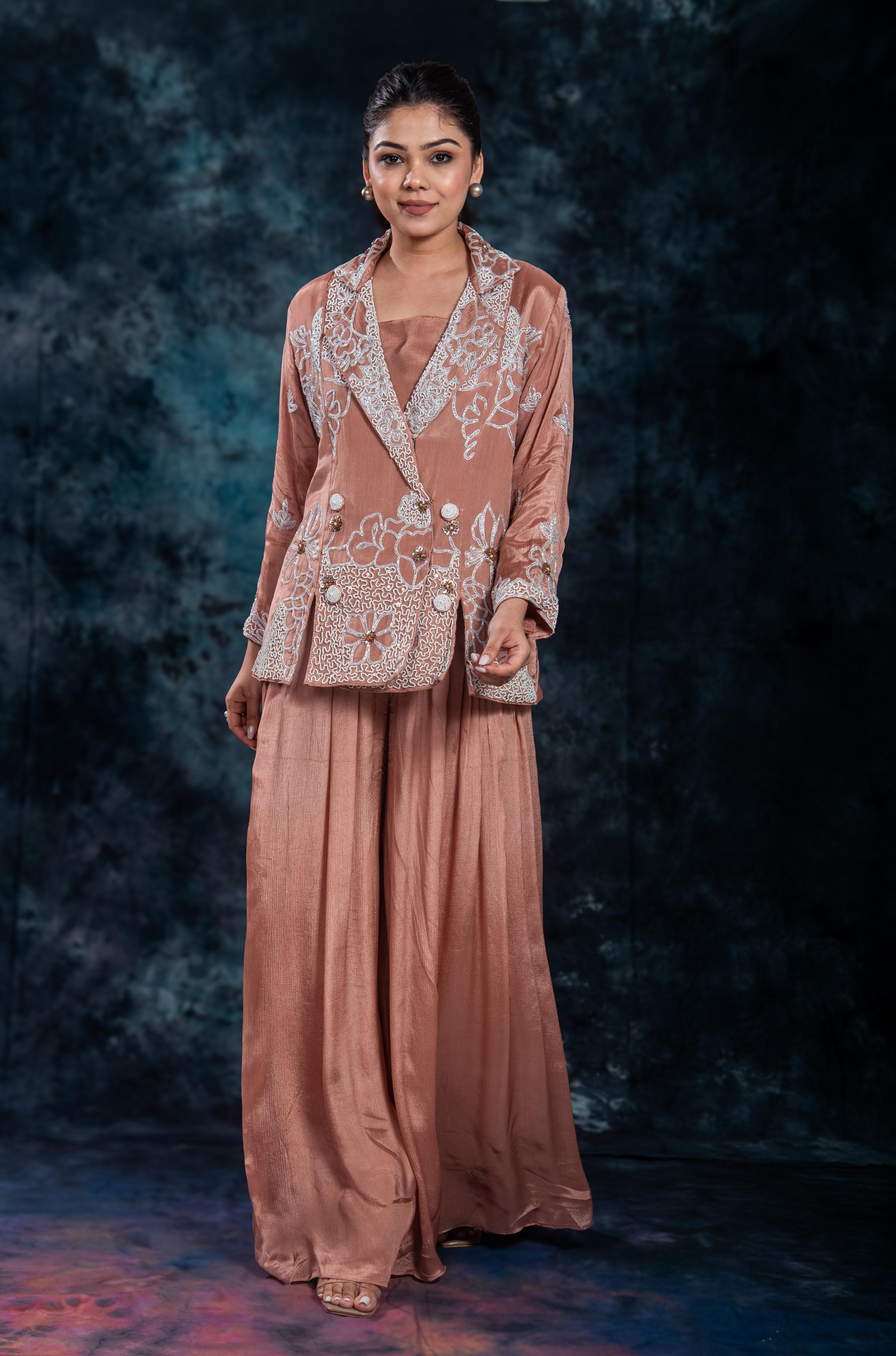 Vintage Orange Embroidered Jacket & Palazzo Set
