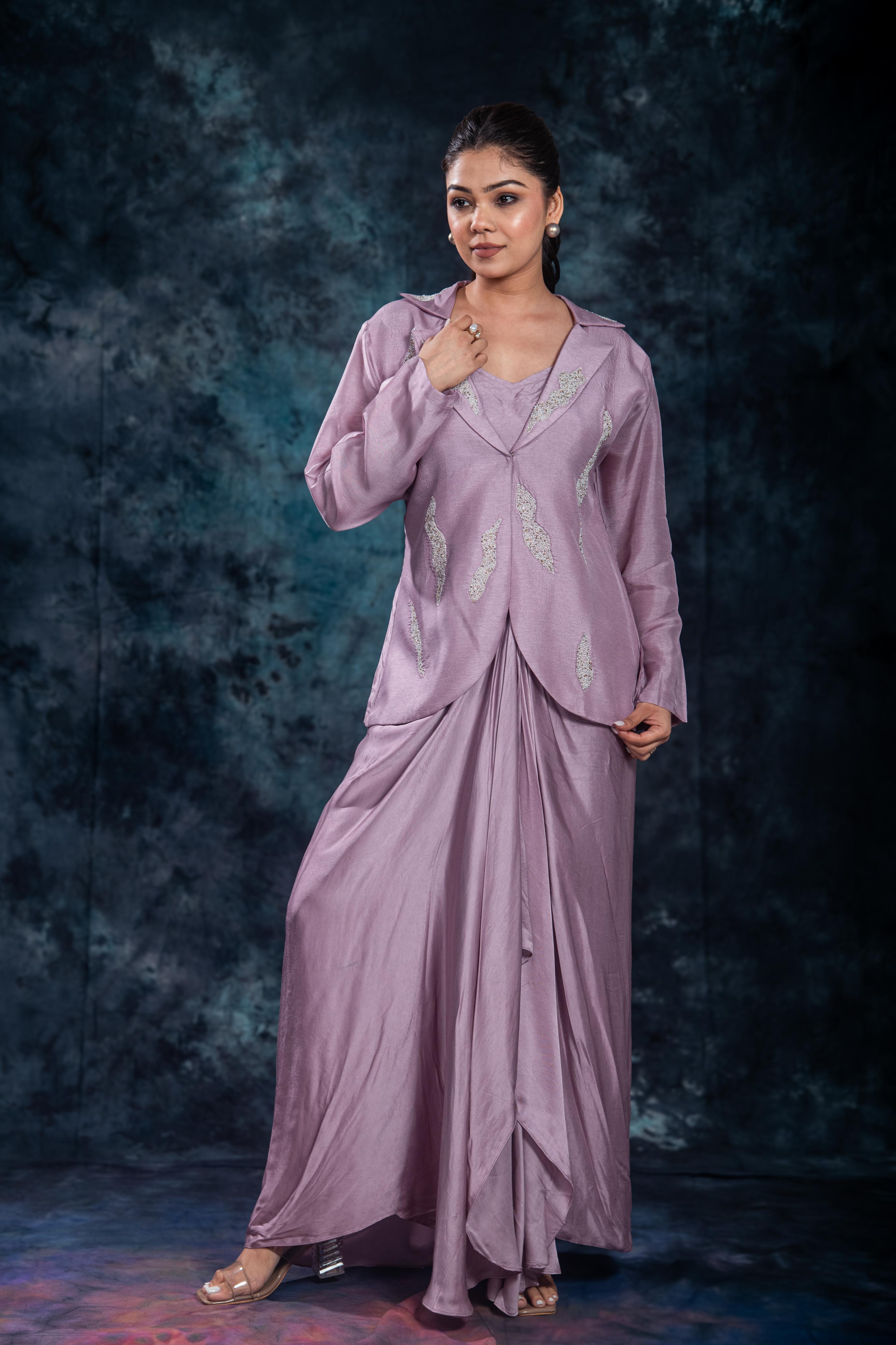 Lilac Mauve Embellished Raw Silk Skirt Set