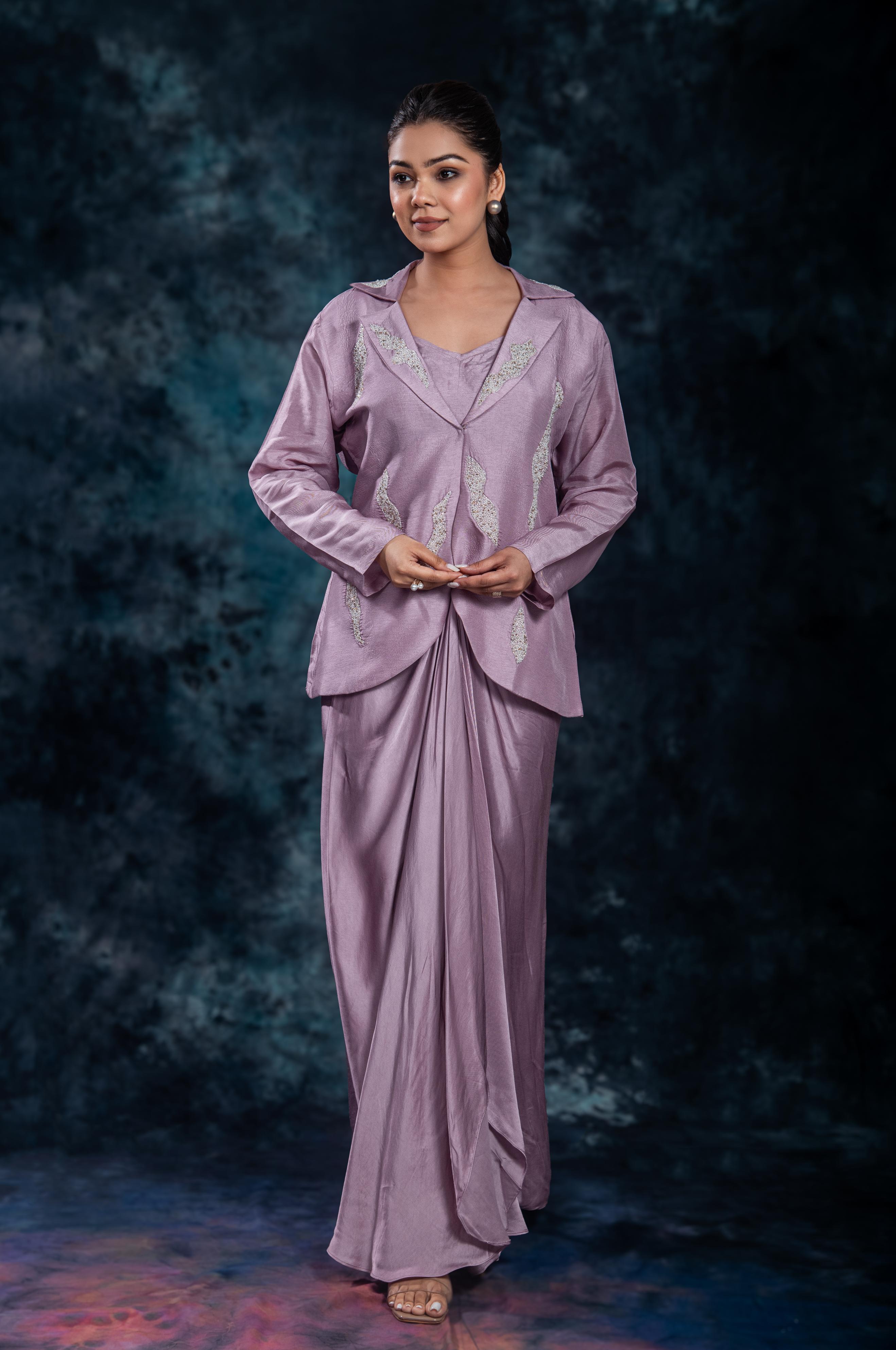 Lilac Mauve Embellished Raw Silk Skirt Set