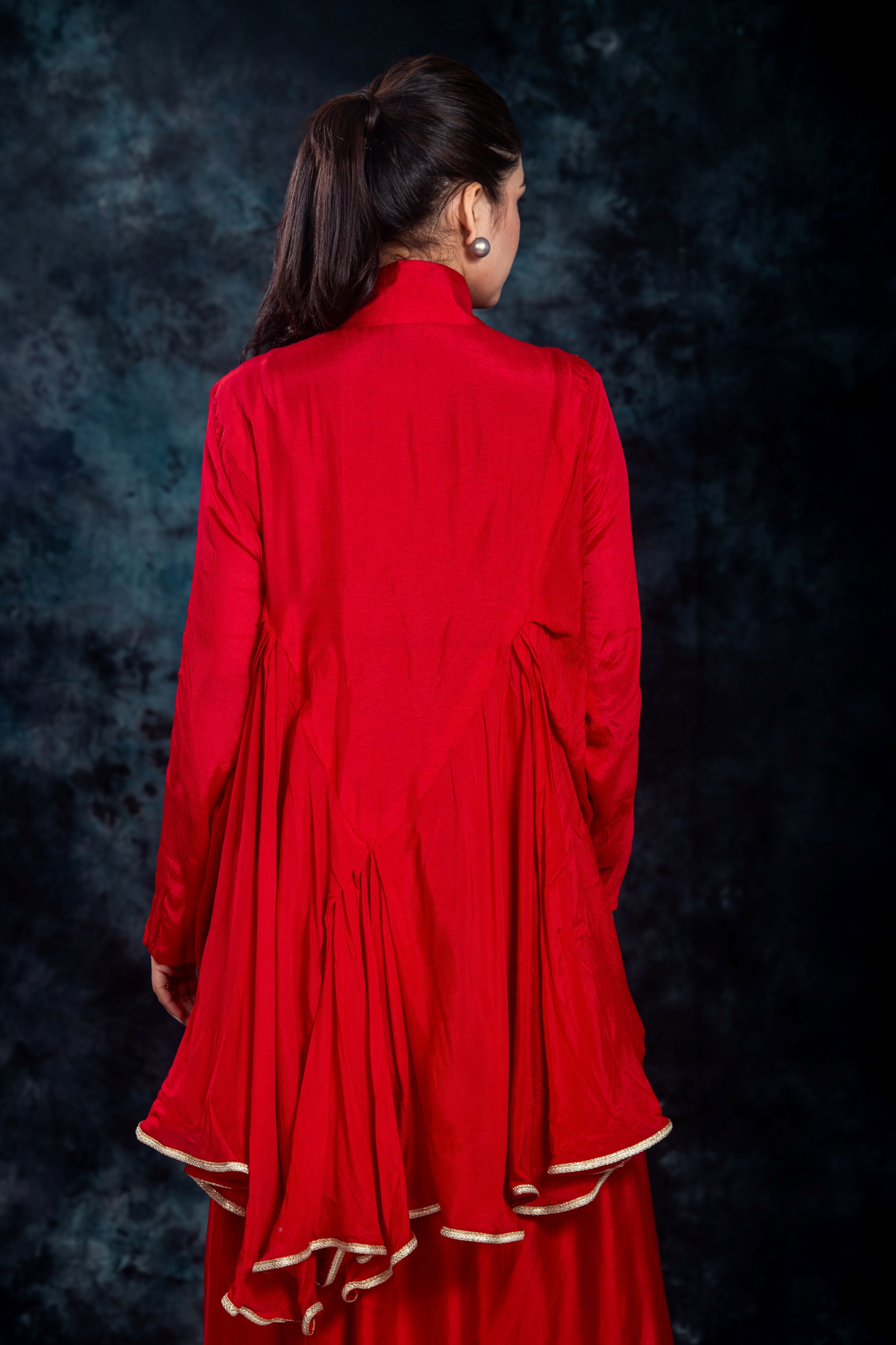 Red Embroidered Satin Silk Skirt Set