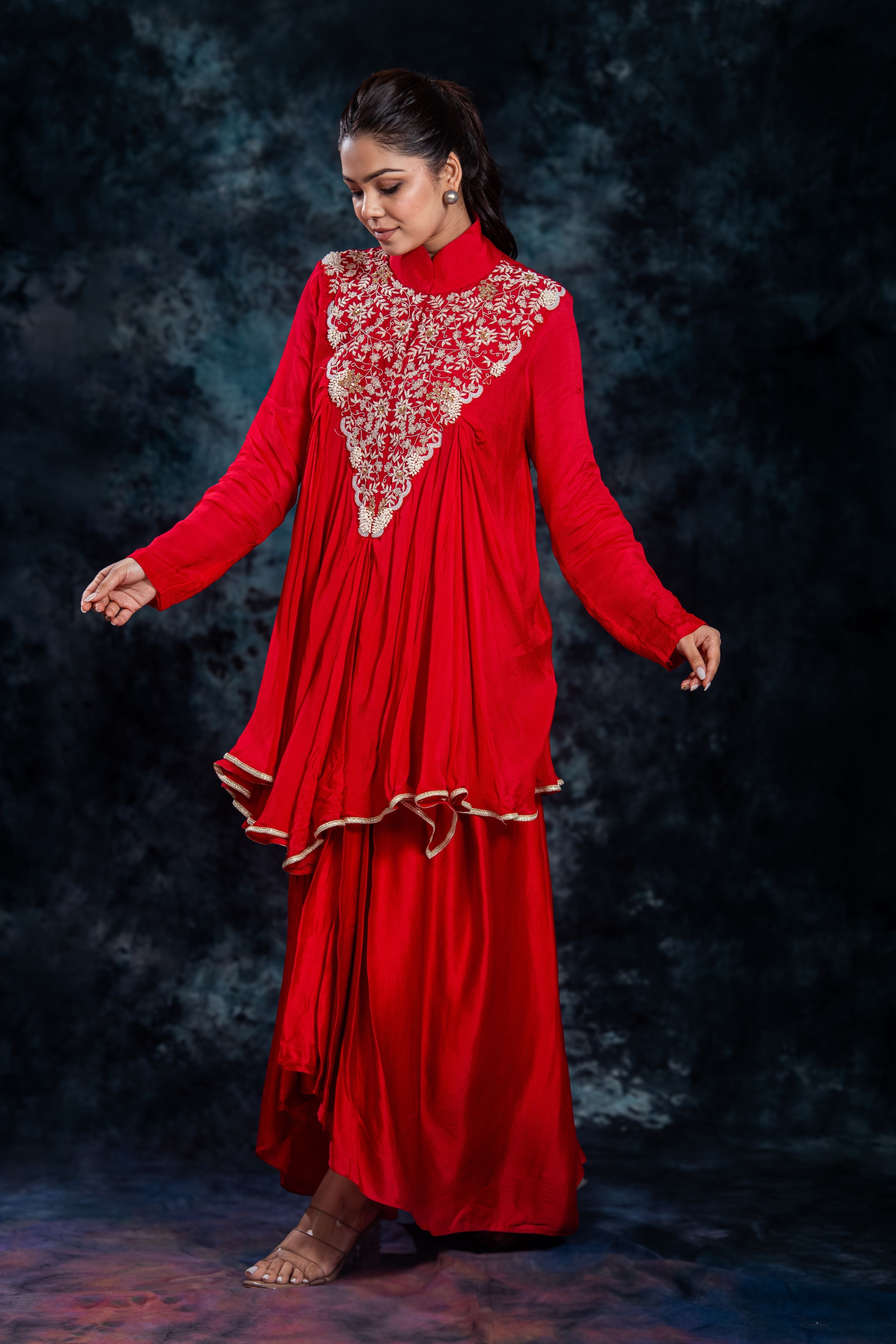 Red Embroidered Satin Silk Skirt Set