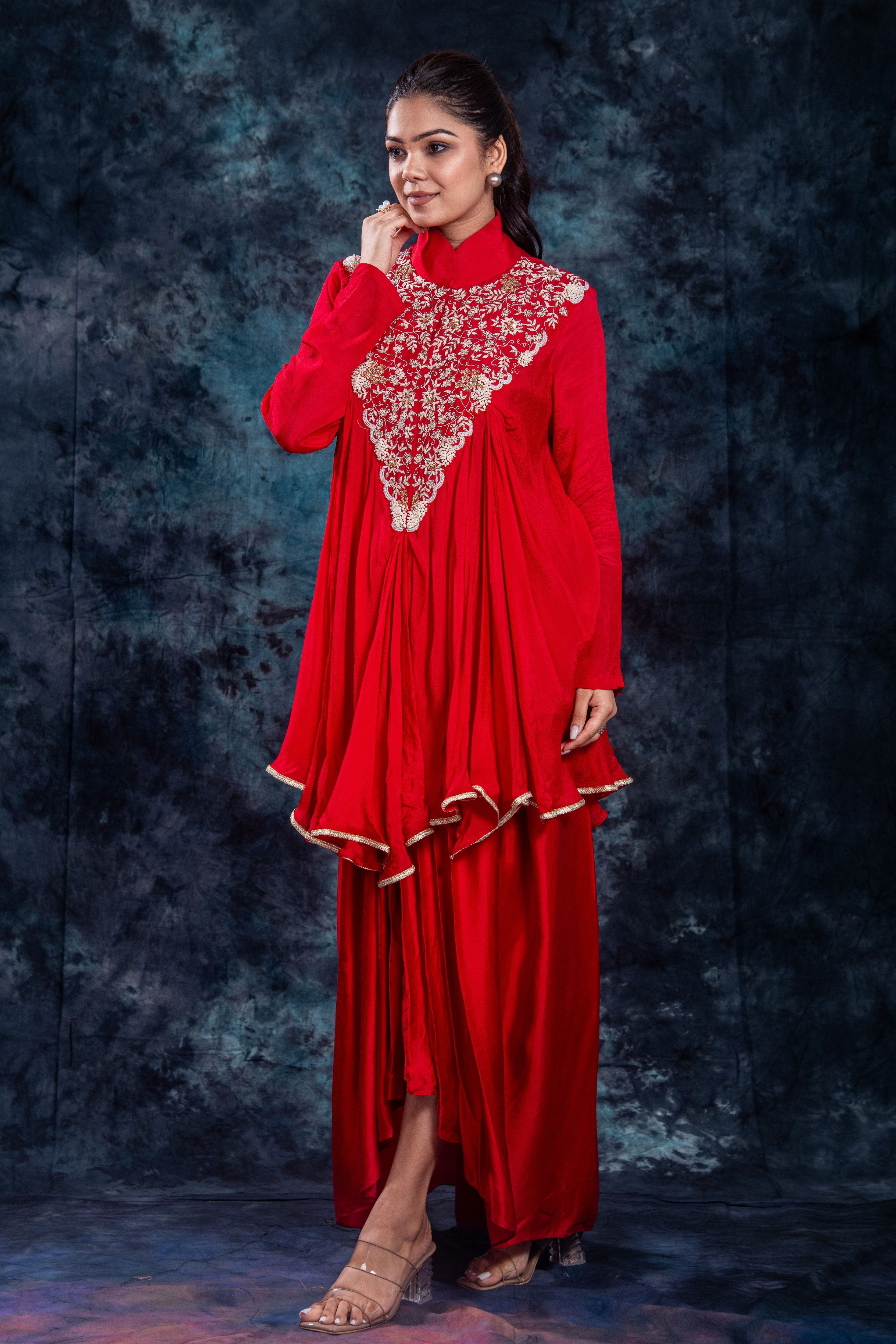 Red Embroidered Satin Silk Skirt Set